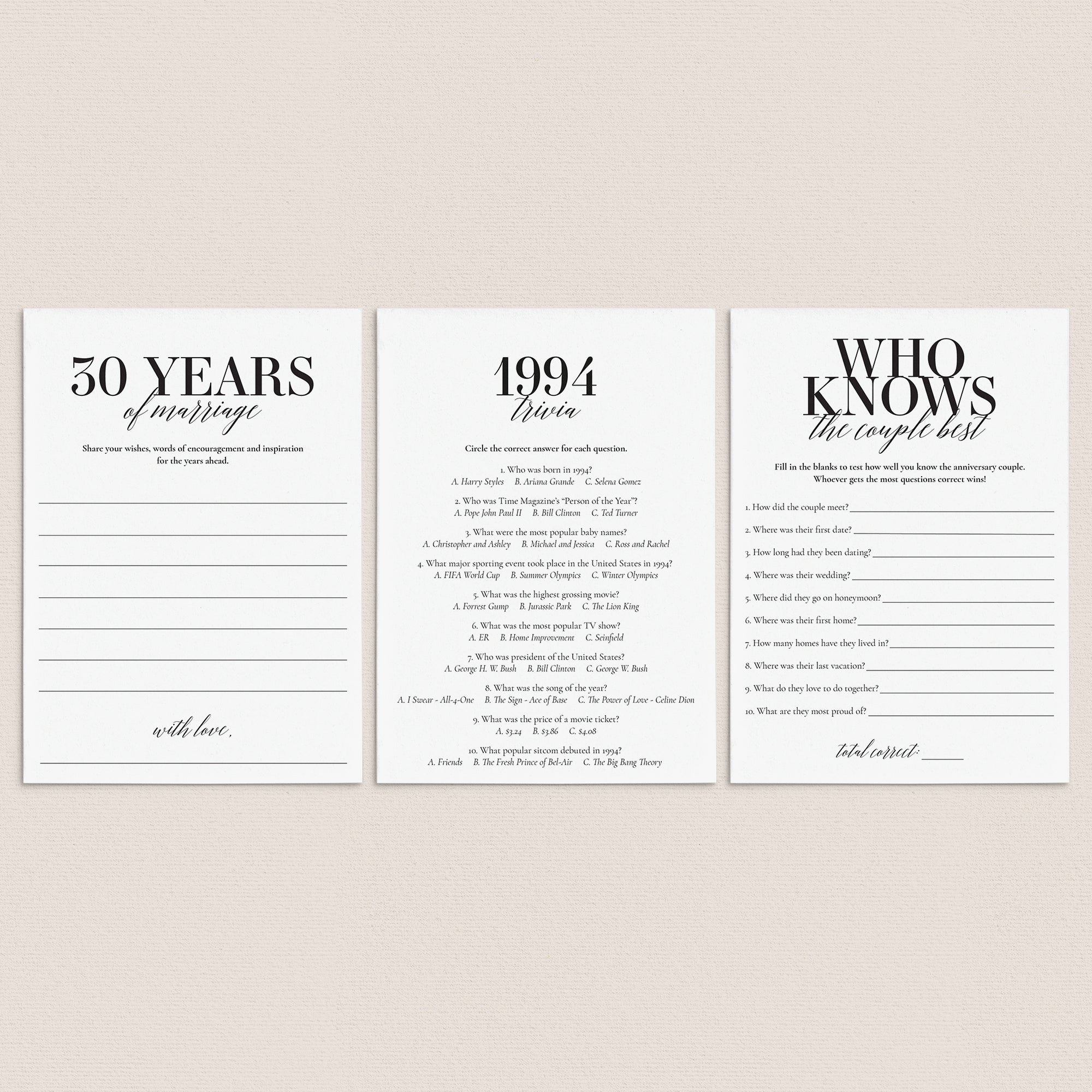 30th Anniversary Party Games Married in 1994 Printable by LittleSizzle