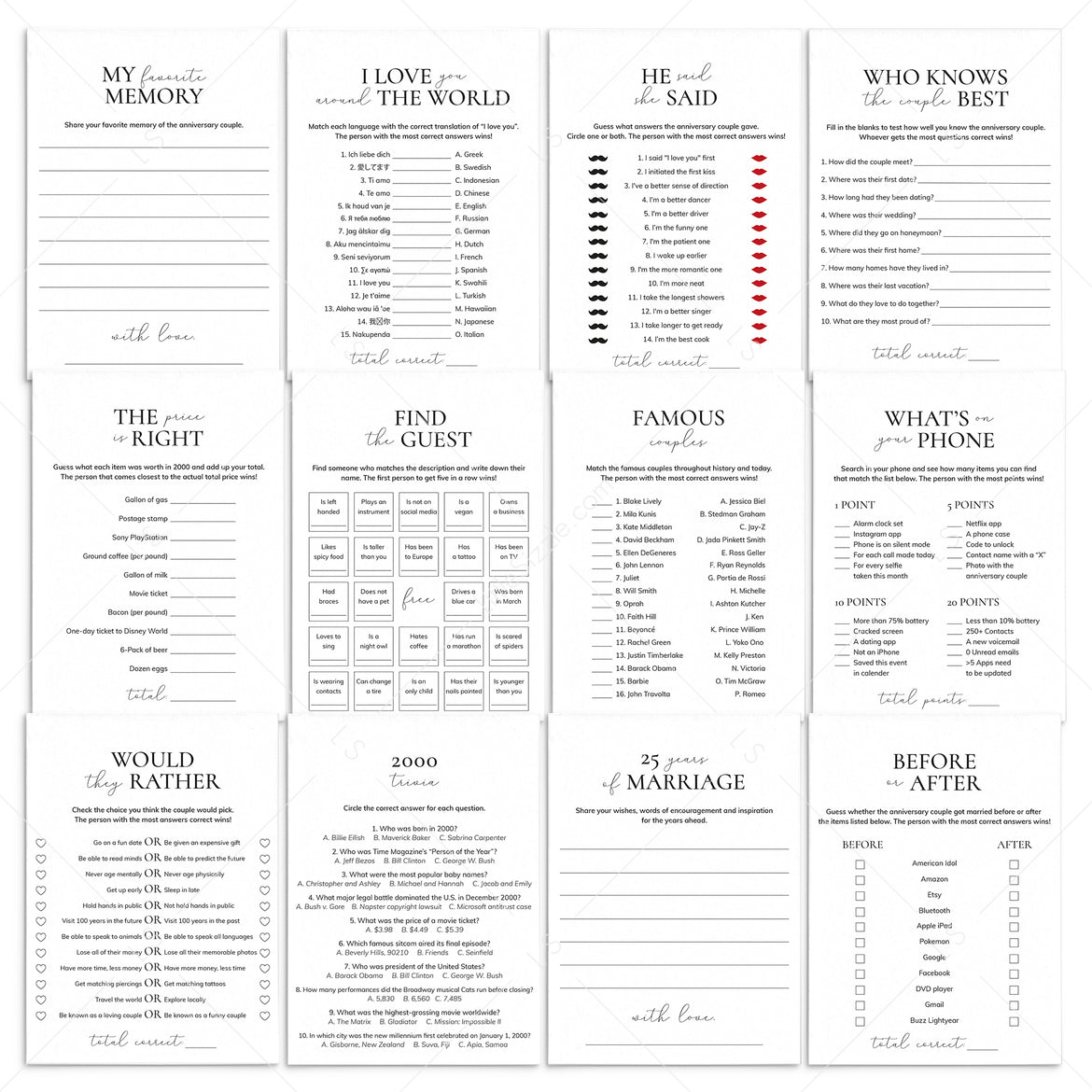 25th Anniversary Party Games Printable | 25th Wedding Anniversary ...