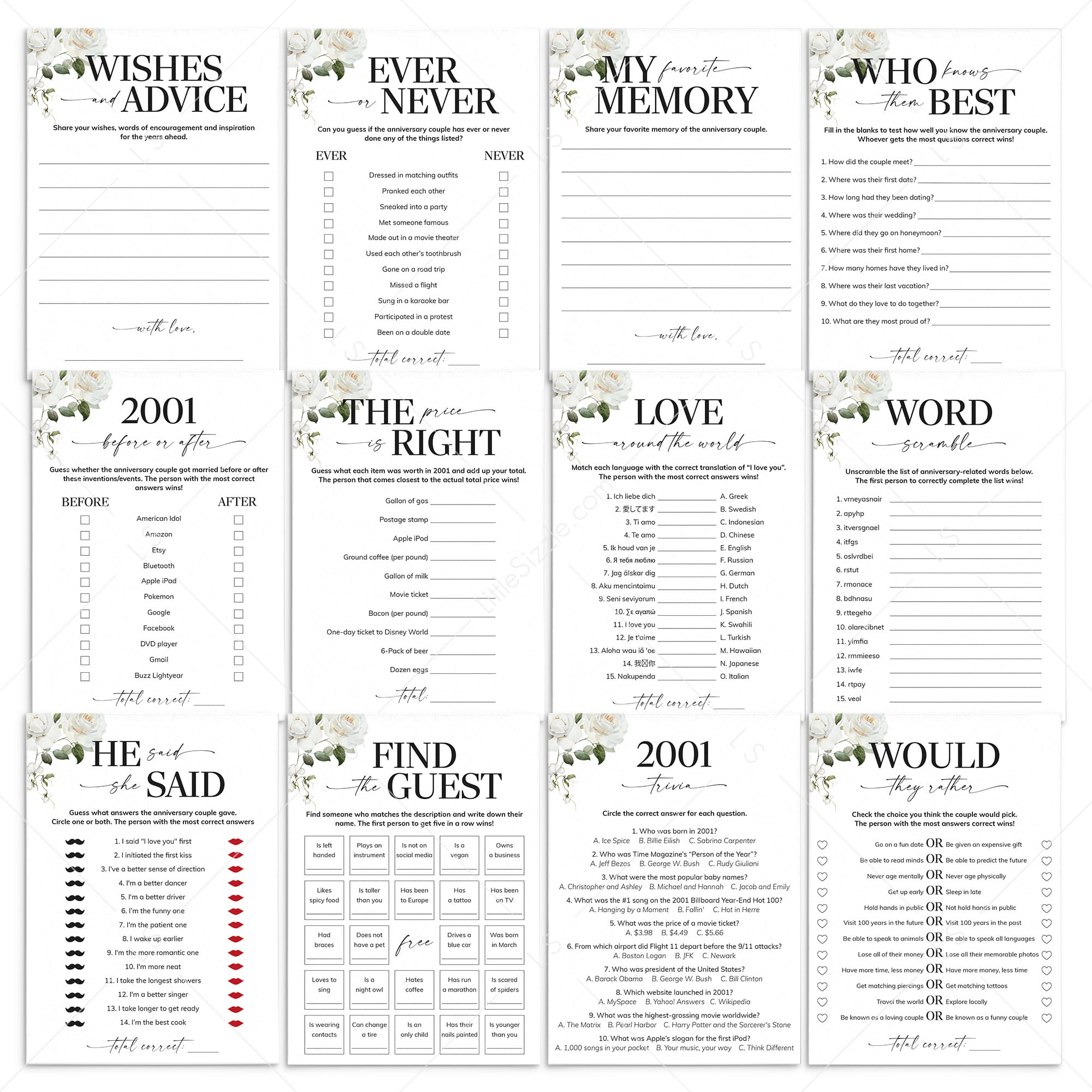 25th Anniversary Games Printable Floral Married in 2001 by LittleSizzle
