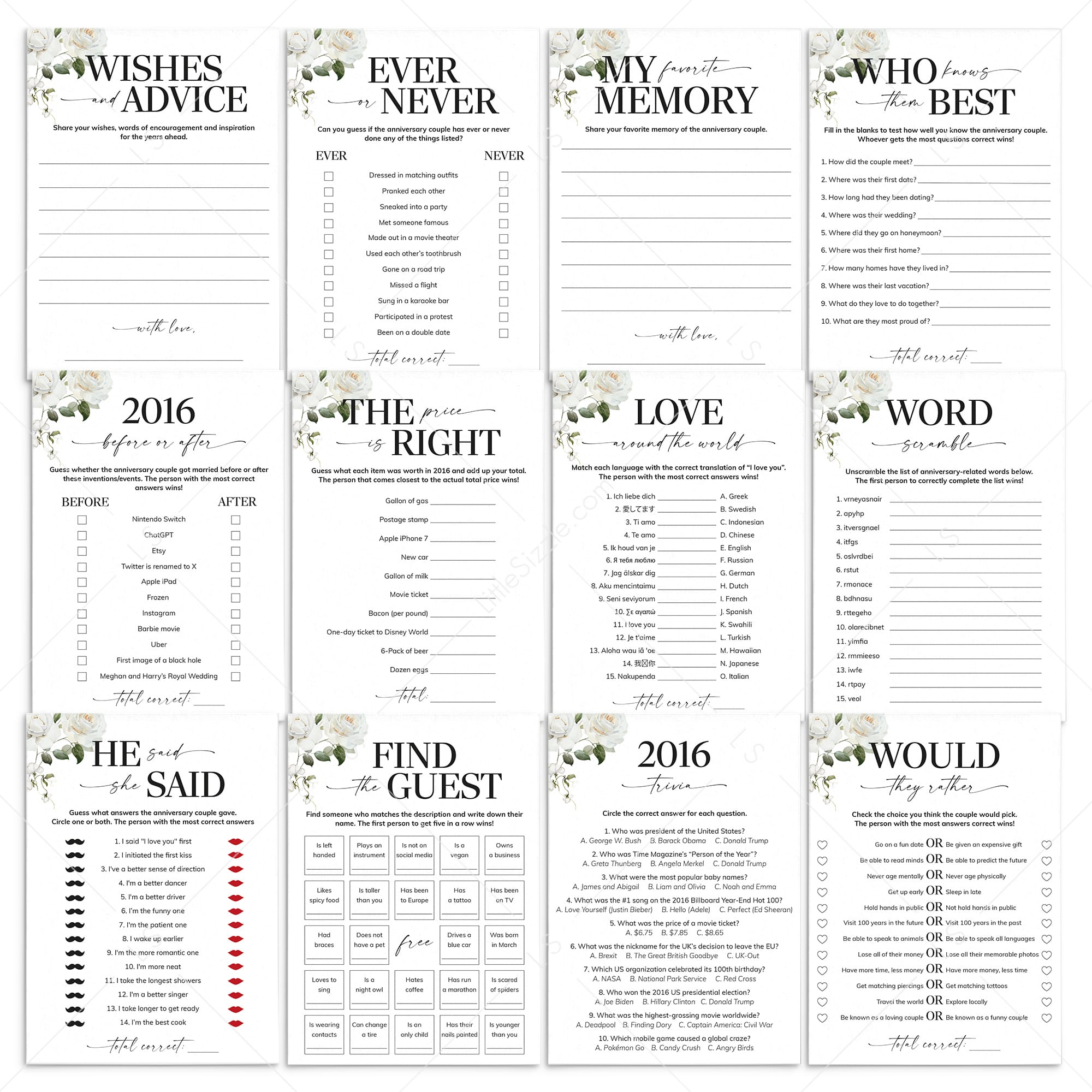10th Anniversary Games Printable Floral Married in 2016 by LittleSizzle