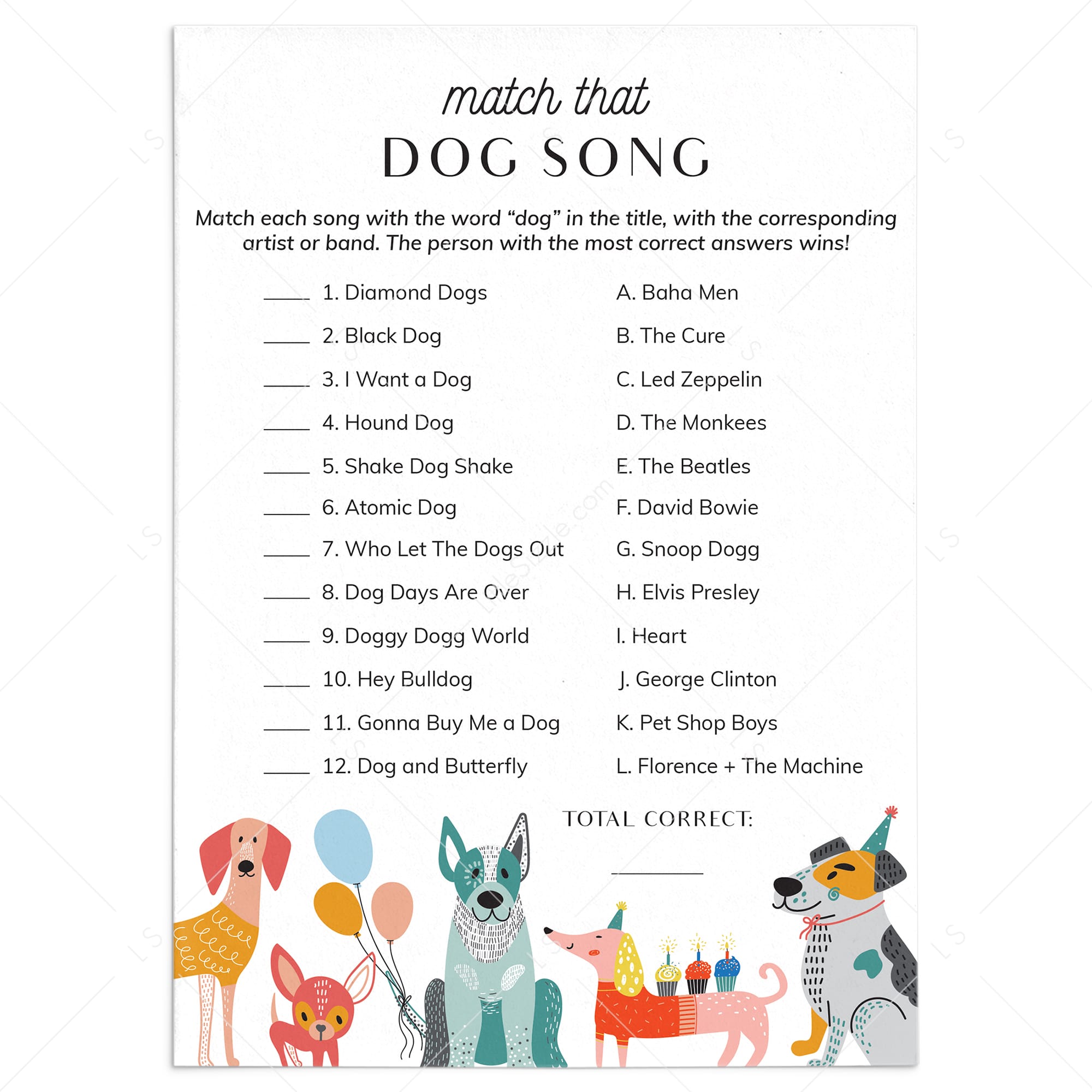 Dog Party Game Match That Dog Song with Answers Printable by LittleSizzle