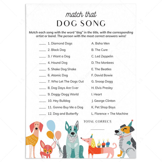 Dog Party Game Match That Dog Song with Answers Printable by LittleSizzle