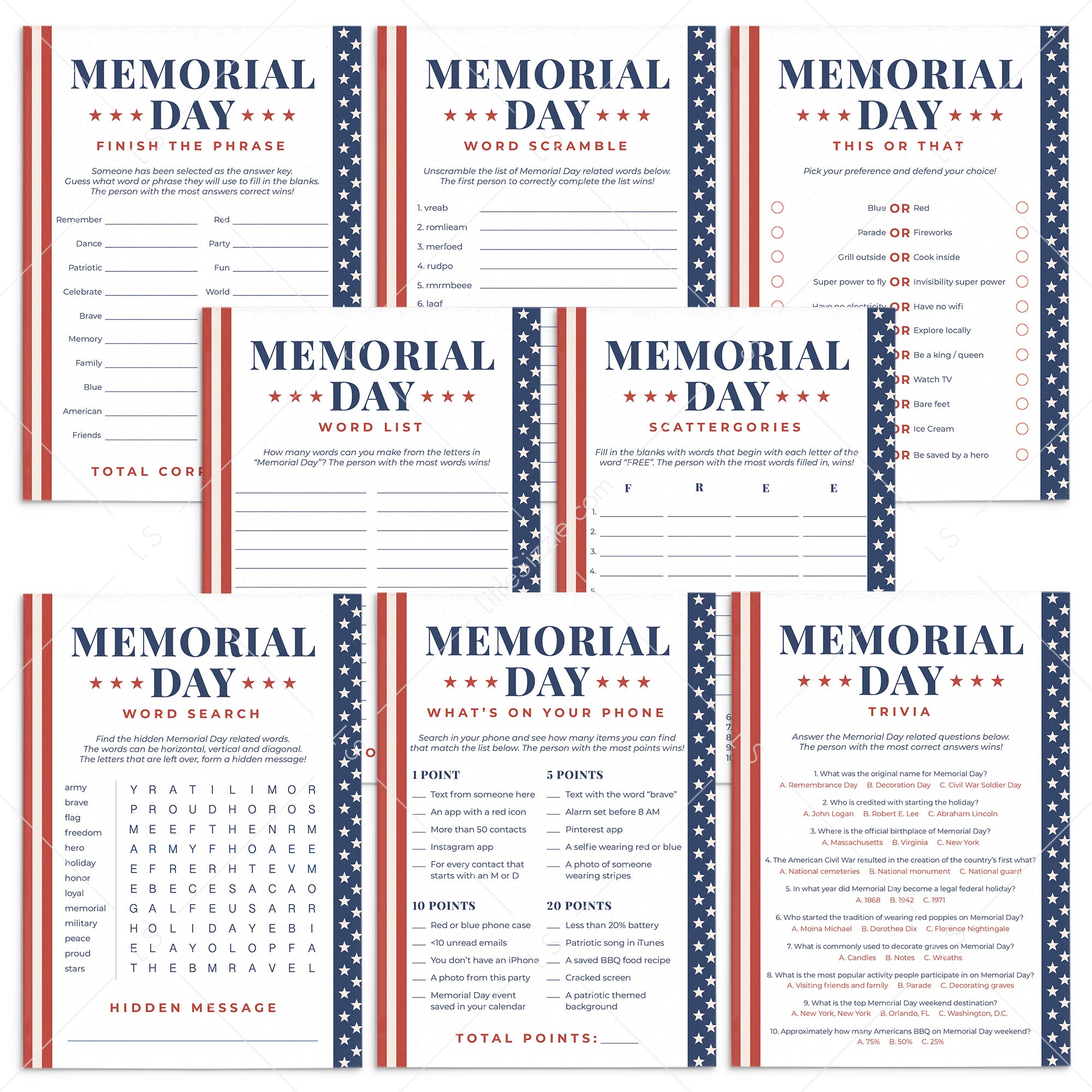 Memorial Day Games Bundle Printable by LittleSizzle