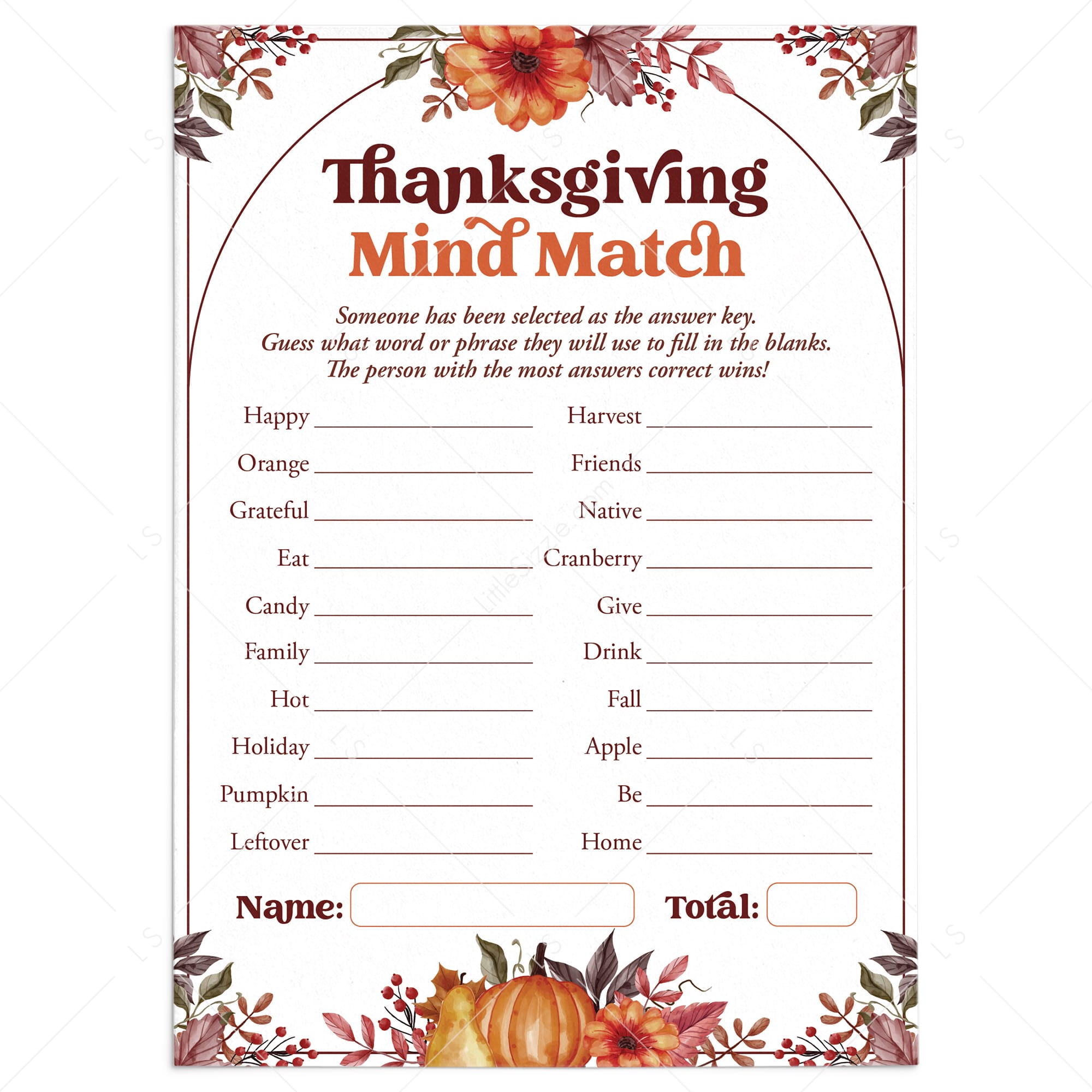 Thanksgiving Mind Match Game for Family Printable by LittleSizzle