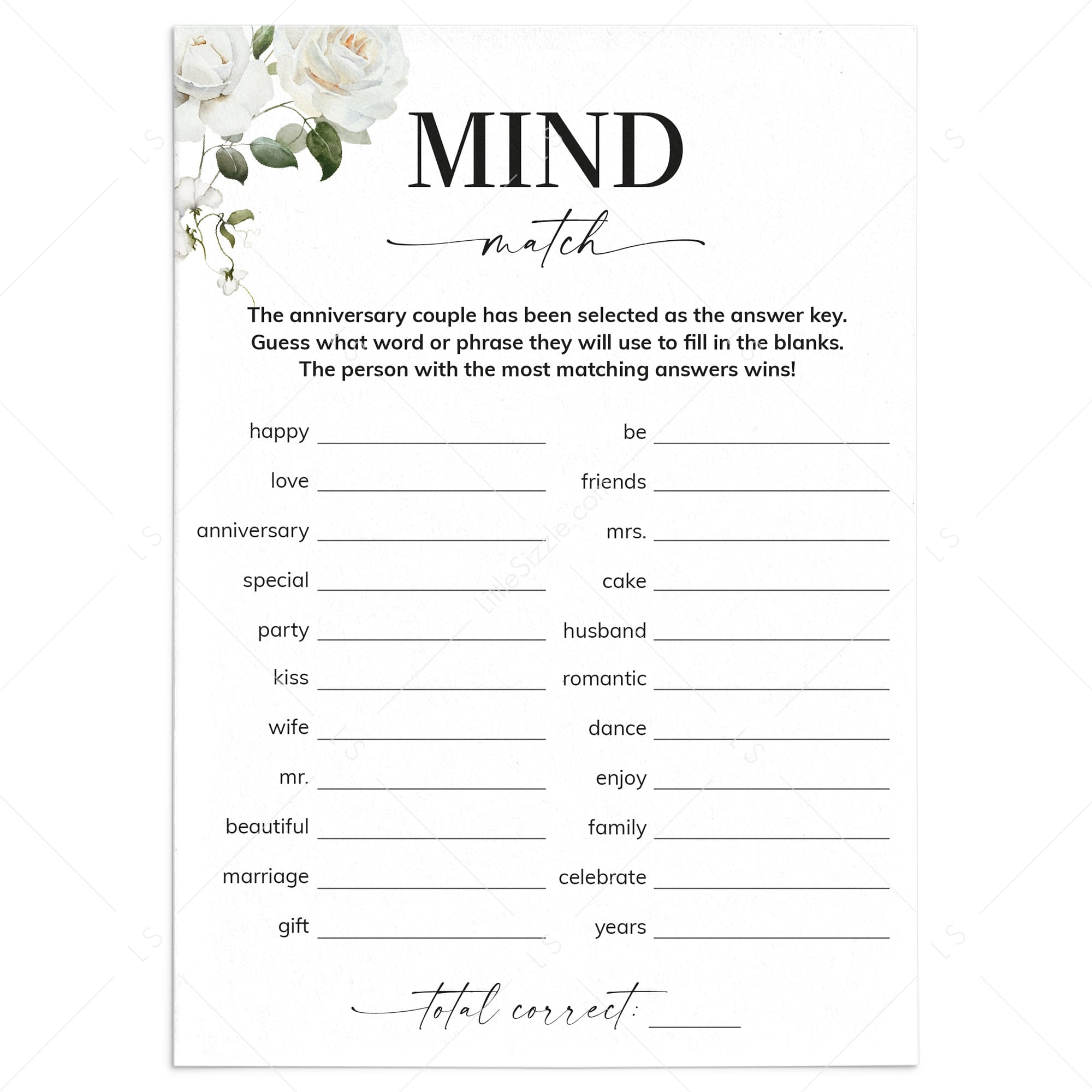 Anniversary Party Game Couples Mind Match Printable by LittleSizzle