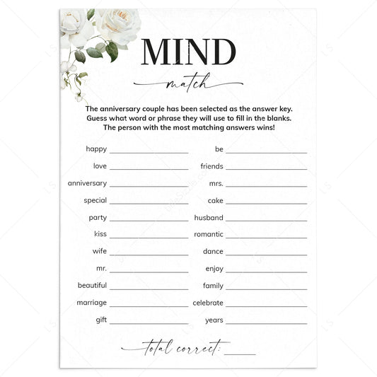 Anniversary Party Game Couples Mind Match Printable by LittleSizzle
