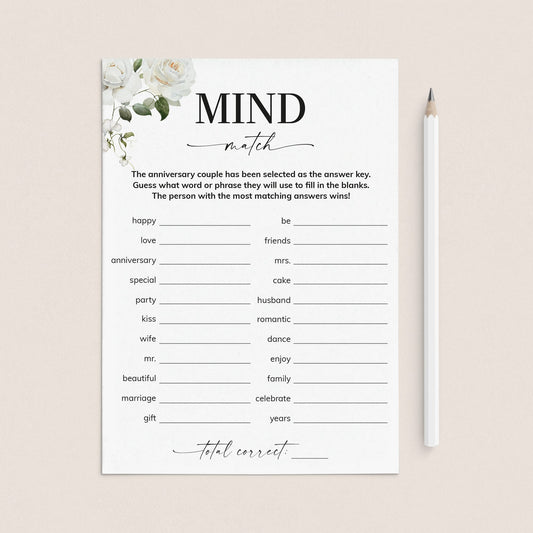 Anniversary Party Game Couples Mind Match Printable by LittleSizzle