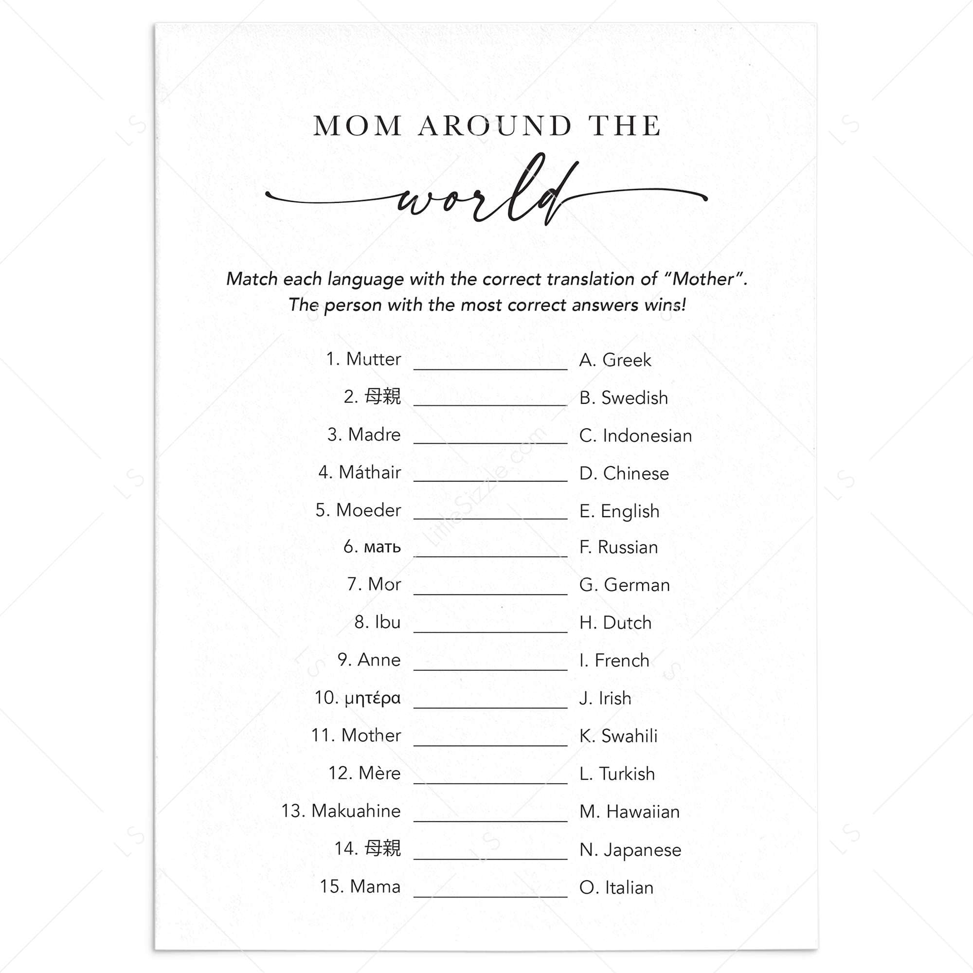 Mom Around The World Match Up Game With Answers Printable by LittleSizzle