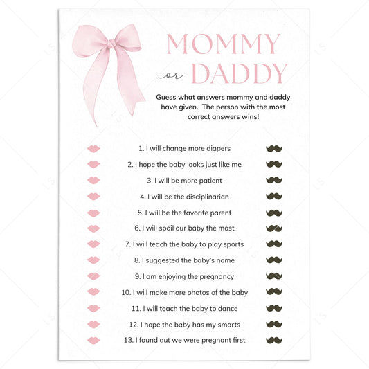 Pink Bow Mommy or Daddy Baby Shower Game Printable by LittleSizzle