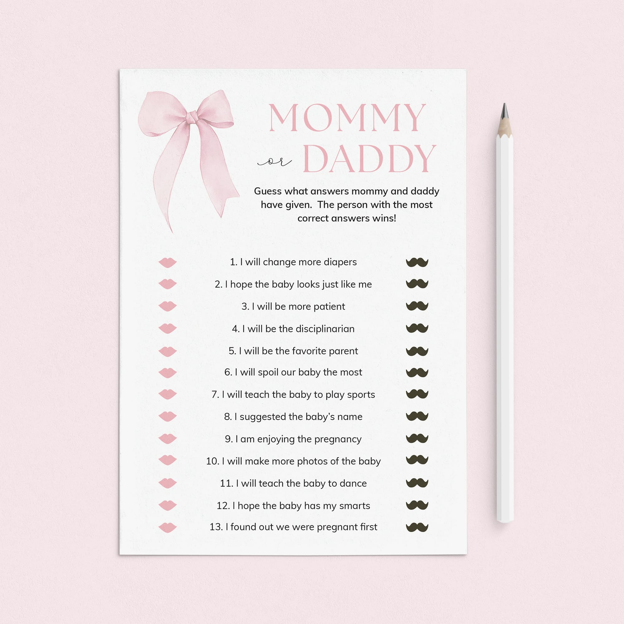 Pink Bow Mommy or Daddy Baby Shower Game Printable by LittleSizzle