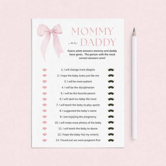 Pink Bow Mommy or Daddy Baby Shower Game Printable by LittleSizzle