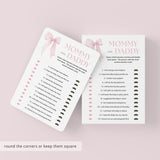 Pink Bow Mommy or Daddy Baby Shower Game Printable