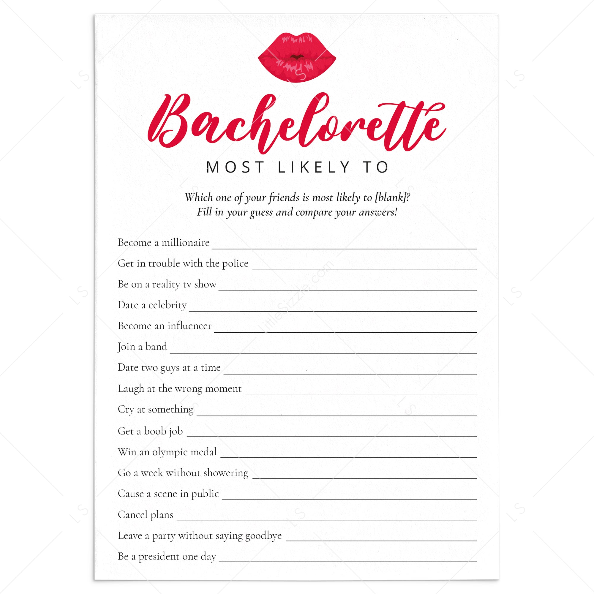 Funny Bachelorette Most Likely To Questions Printable Game by LittleSizzle