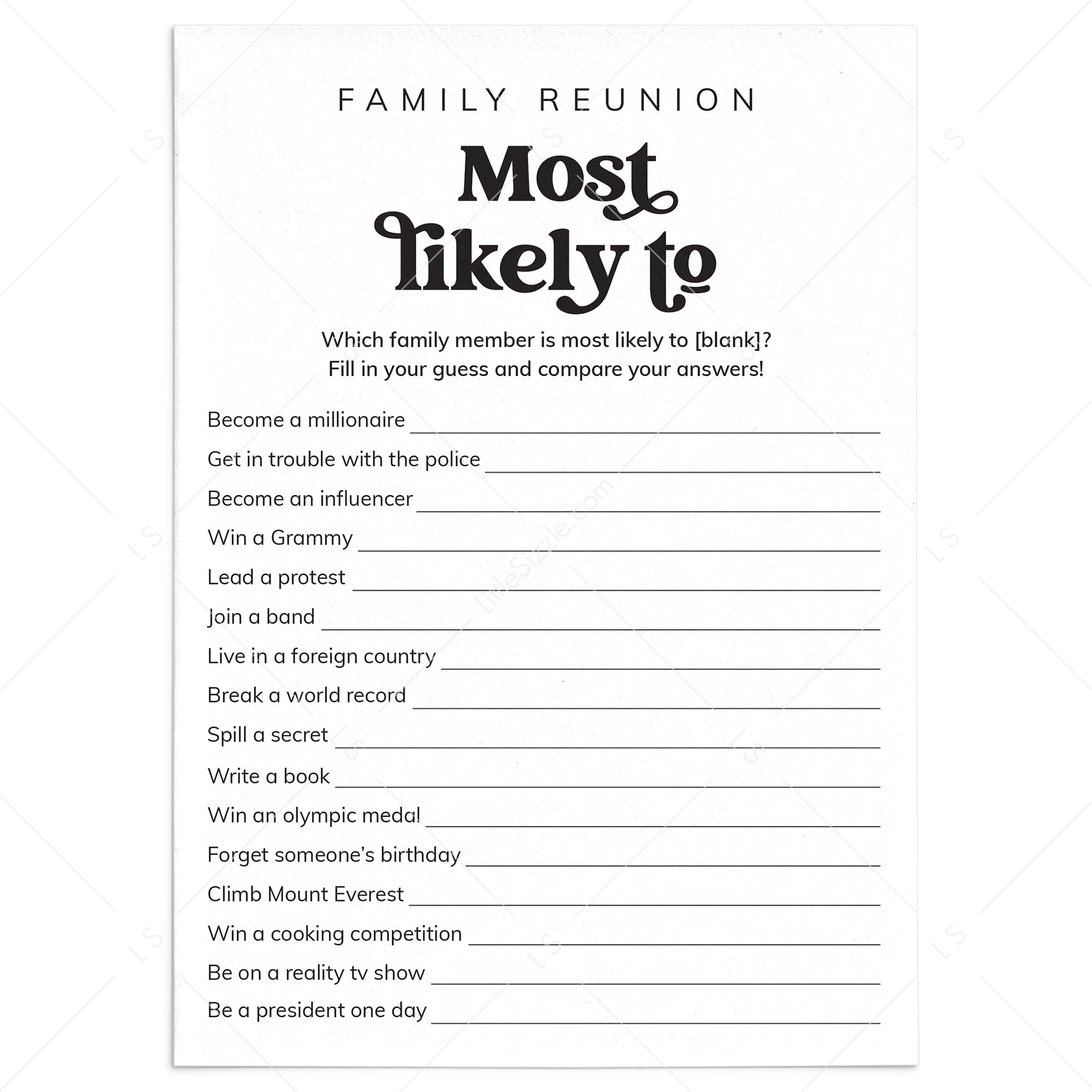 Printable Family Reunion Who Is Most Likely To Party Game by LittleSizzle