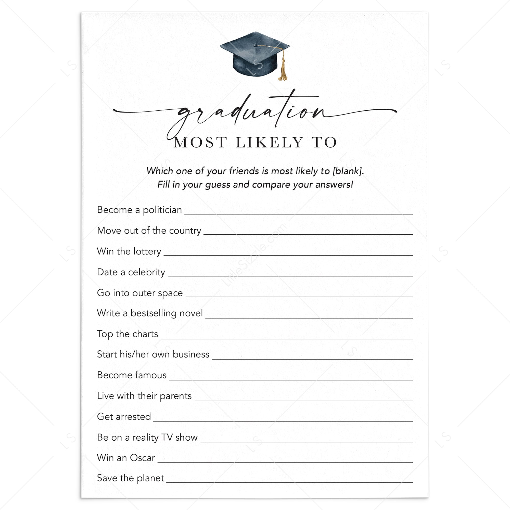 Who Is Most Likely To Game Questions for Graduation Party Printable by LittleSizzle