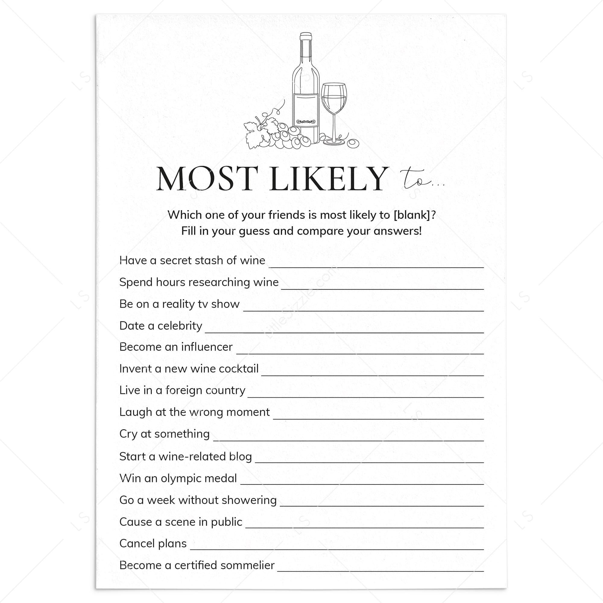 Printable Wine Party Game Who Is Most Likely To by LittleSizzle