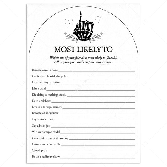 Bride or Die Bachelorette card with 'Most Likely To' questions and a black and white skeleton graphic at the top.
