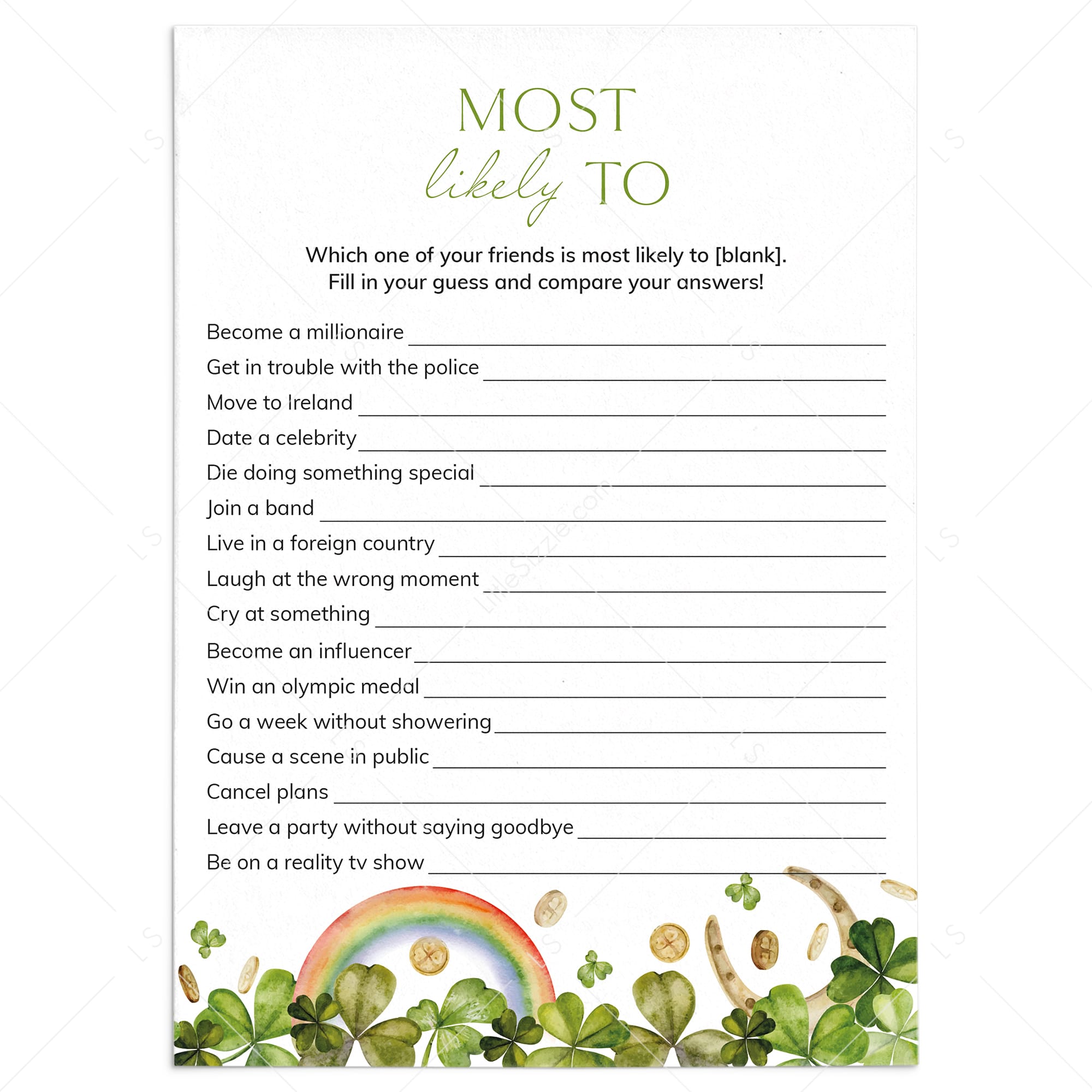 St Patricks Day Who Is Most Likely To Game Printable by LittleSizzle