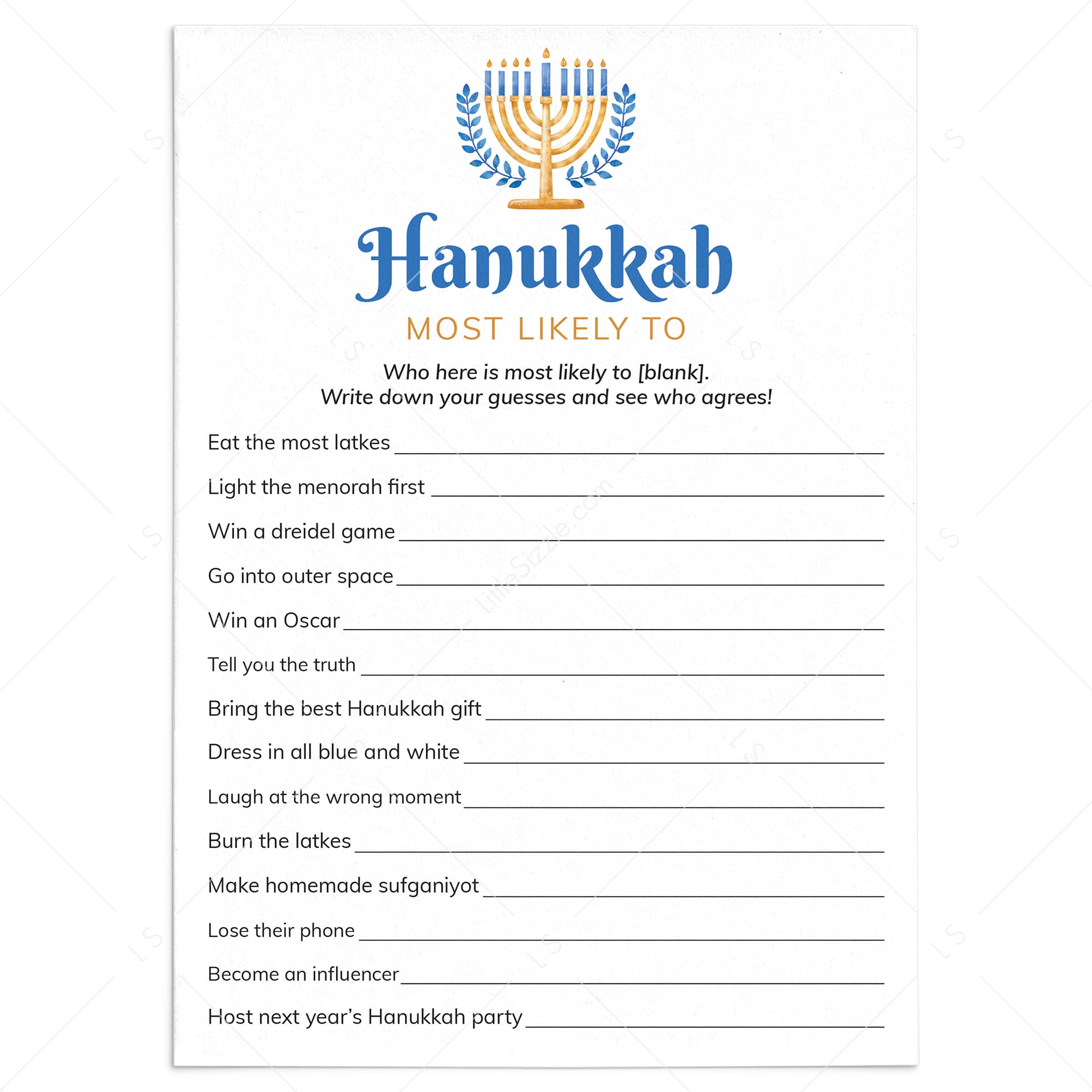 Hanukkah Most Likely To Game Printable by LittleSizzle