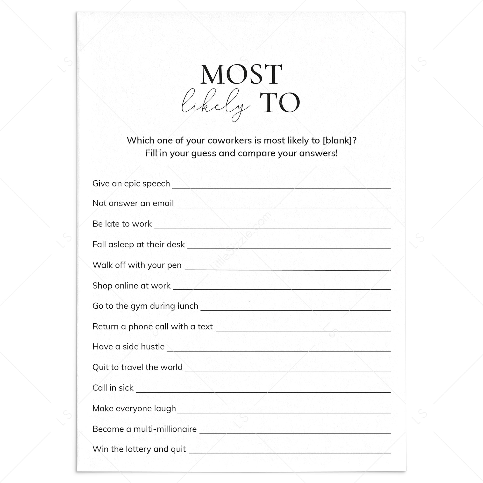 Most Likely To Office Questions Printable by LittleSizzle