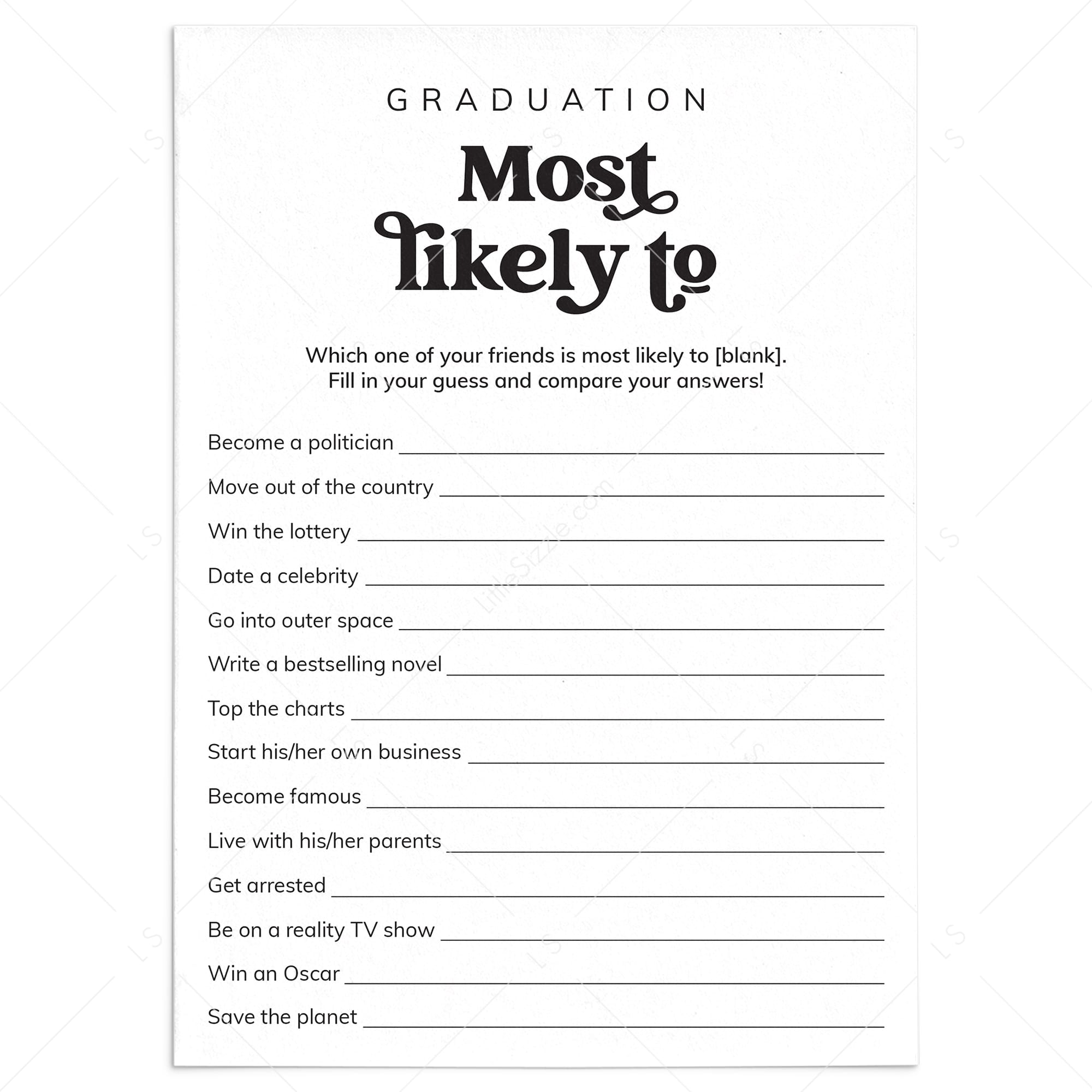 Most Likely To Questions for Graduation Party Printable PDF by LittleSizzle
