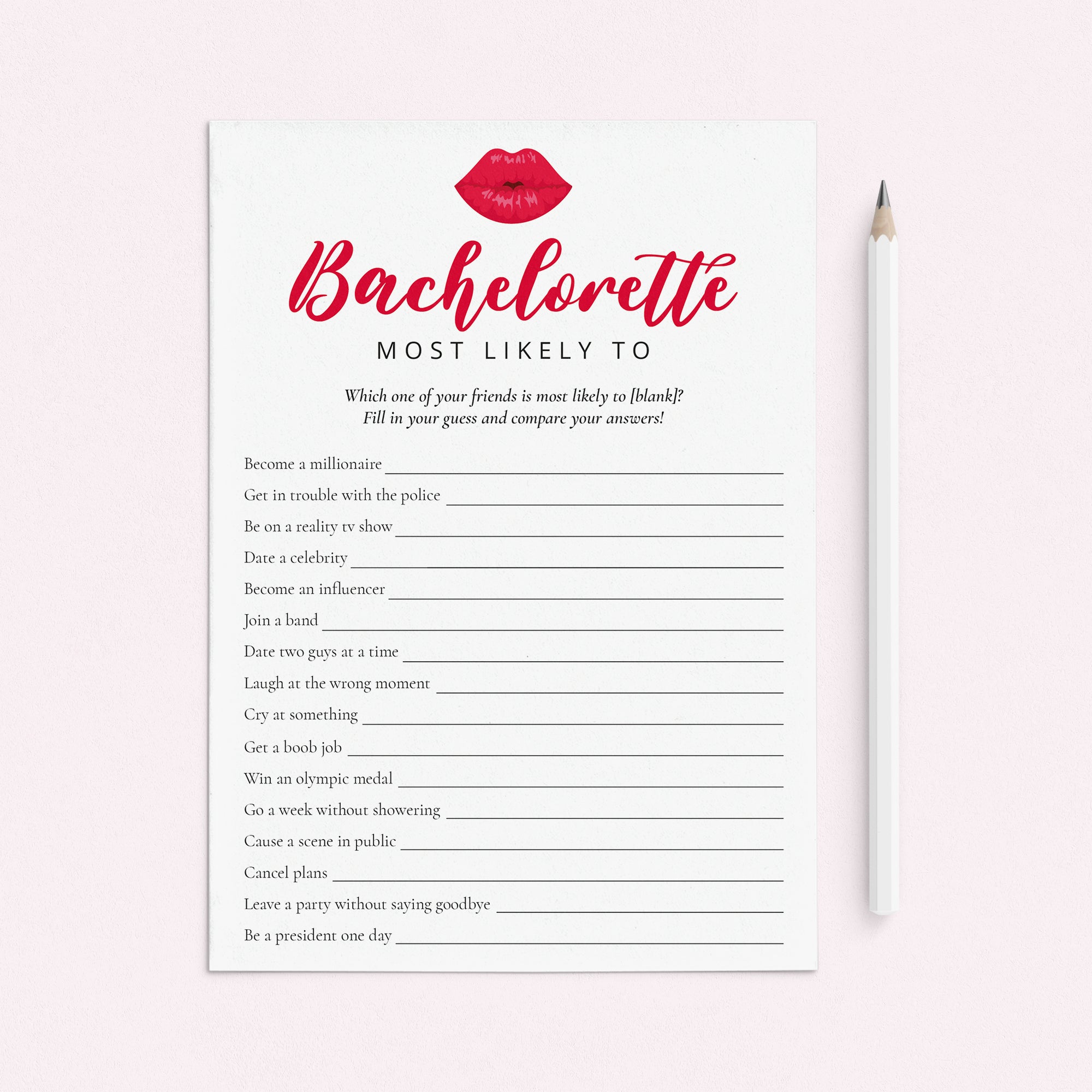 Funny Bachelorette Most Likely To Questions Printable Game by LittleSizzle