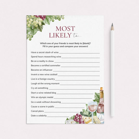 Fun Wine Theme Group Game Printable Most Likely To by LittleSizzle