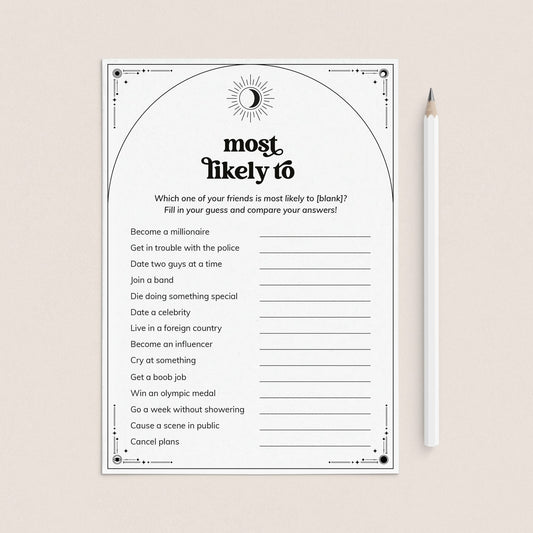 Most Likely To Bachelorette Party Game Printable Mystical Theme by LittleSizzle