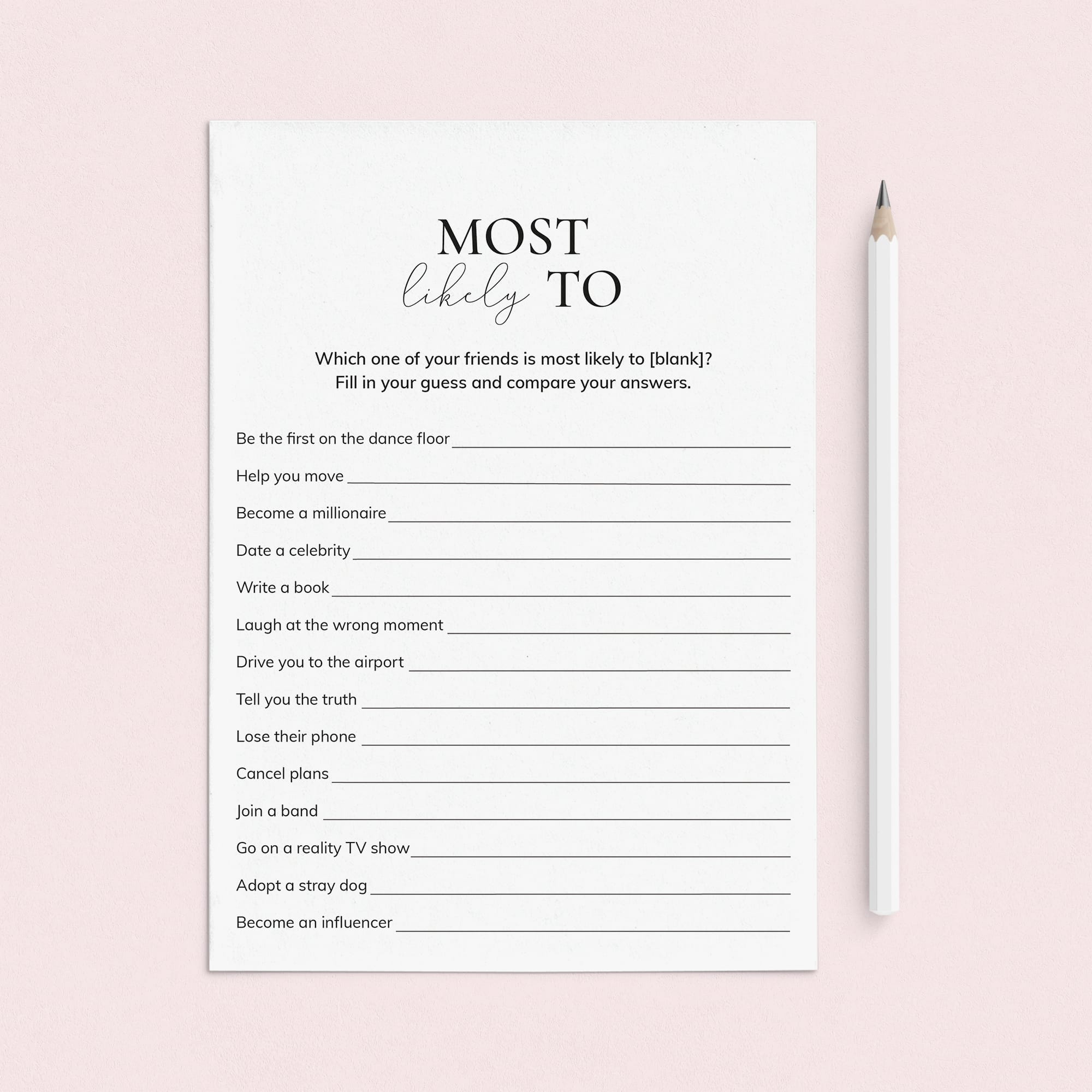 Who's Most Likely To Questions for Friends Printable Game Card by LittleSizzle