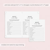 Who's Most Likely To Questions for Friends Printable Game Card
