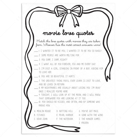 Romantic Movie Quotes Game Printable Coquette Black Bow by LittleSizzle