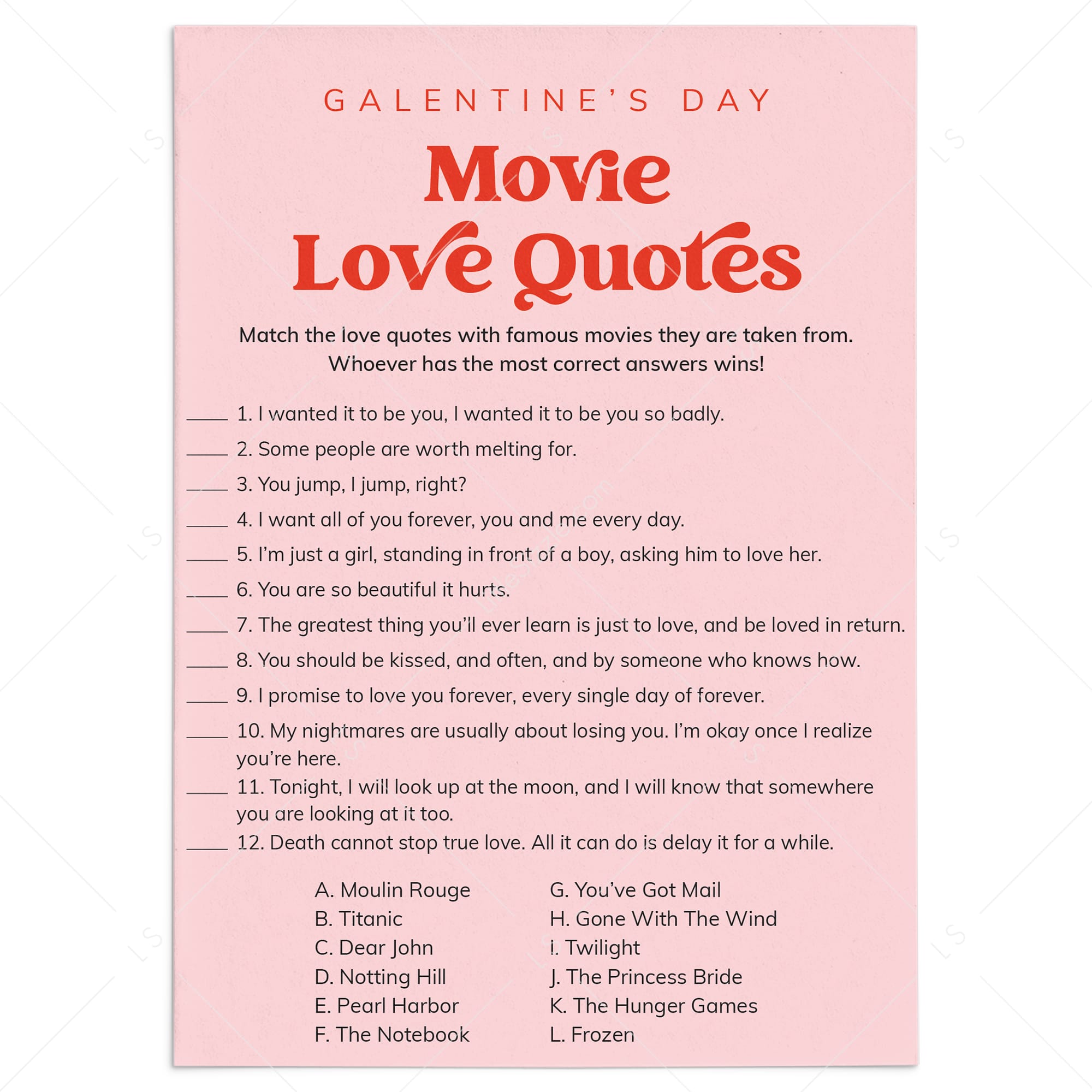 Galentine's Day Movie Love Quotes Game Printable by LittleSizzle