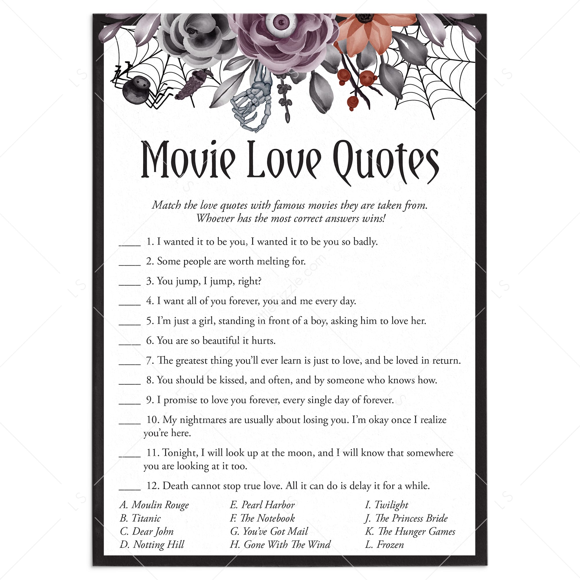Moody Floral Bridal Shower Game Movie Love Quotes with Answers Printable by LittleSizzle