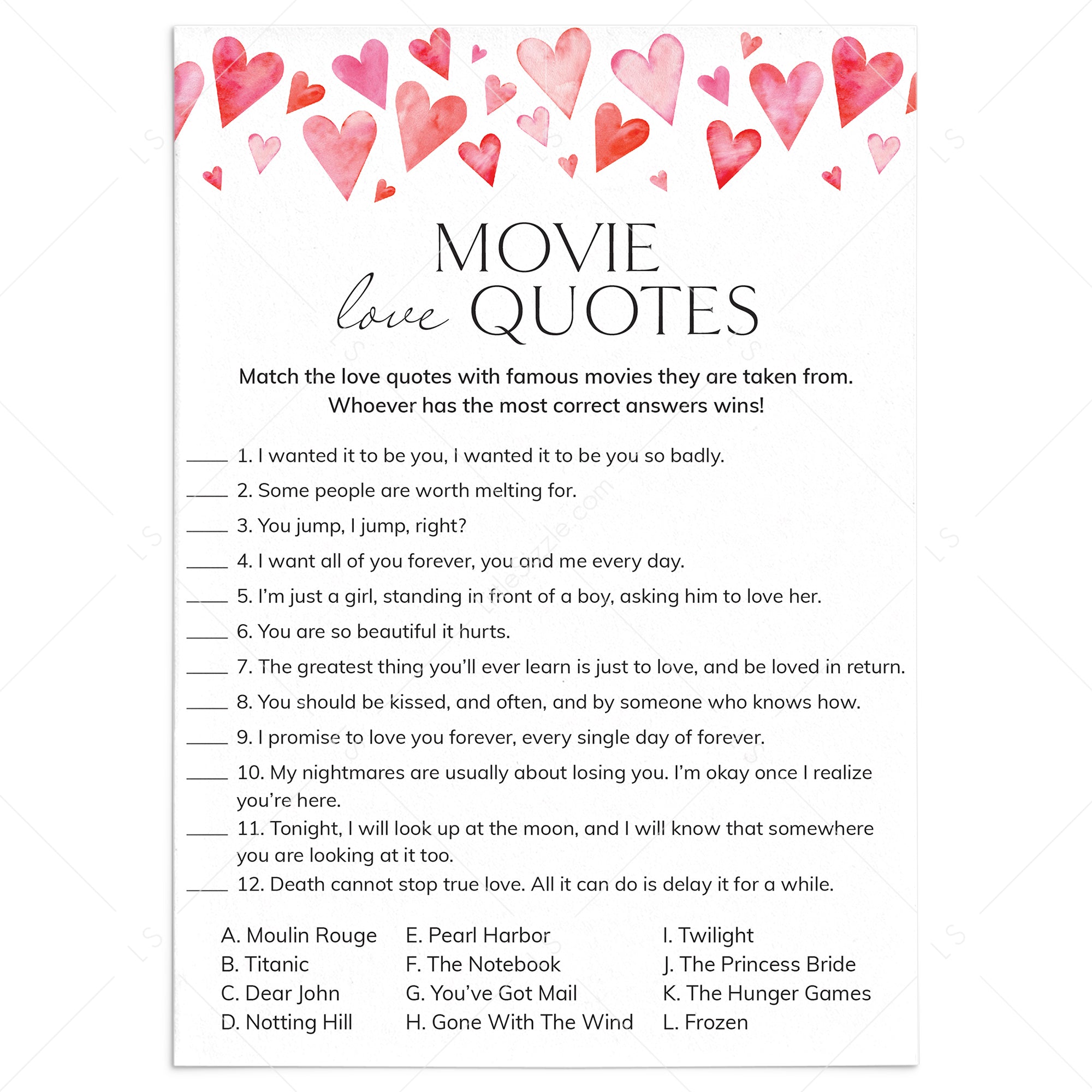 Movie Love Quotes Game Printable Watercolor Hearts by LittleSizzle