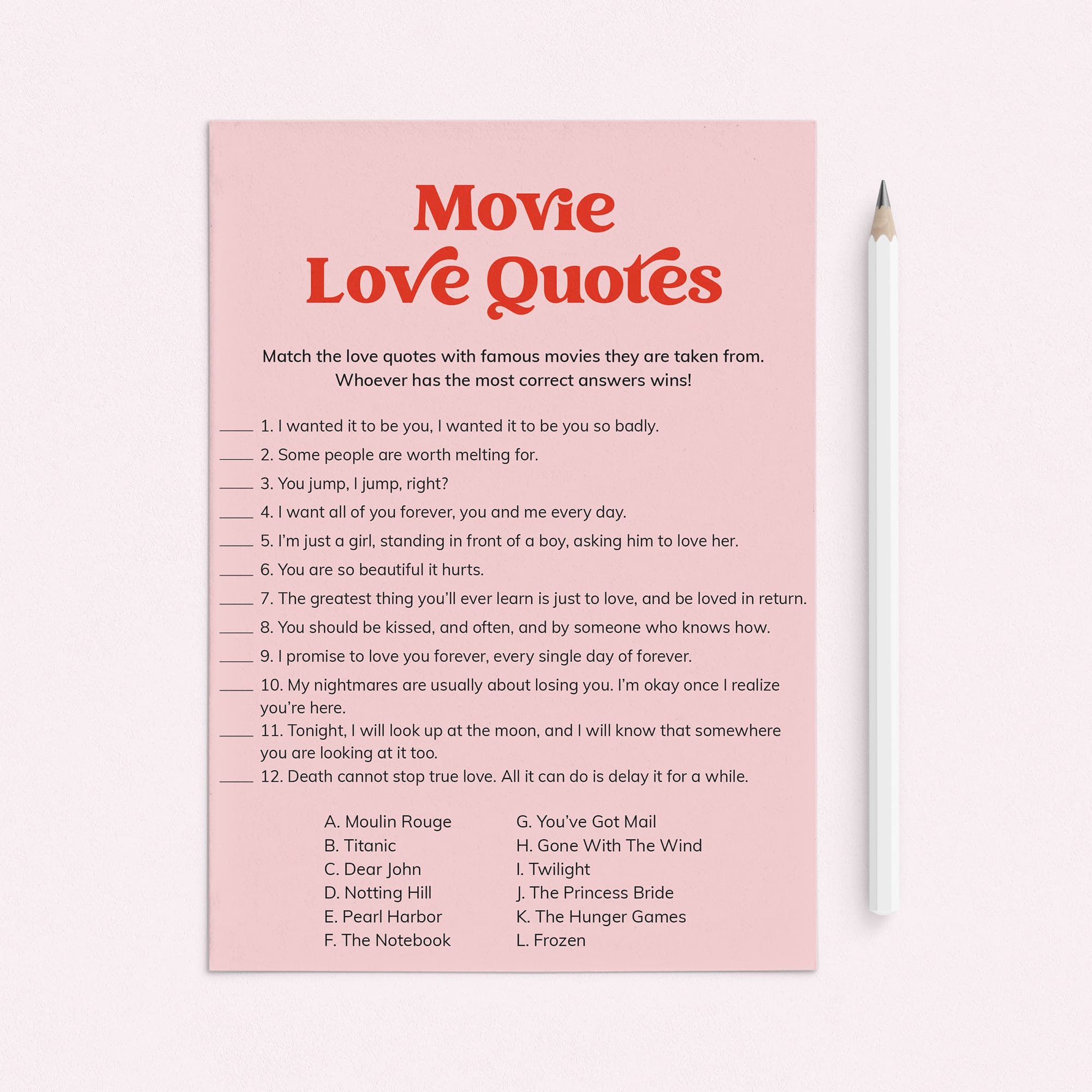 Movie Love Quotes Game for Bridal Shower Printable Pink and Red by LittleSizzle