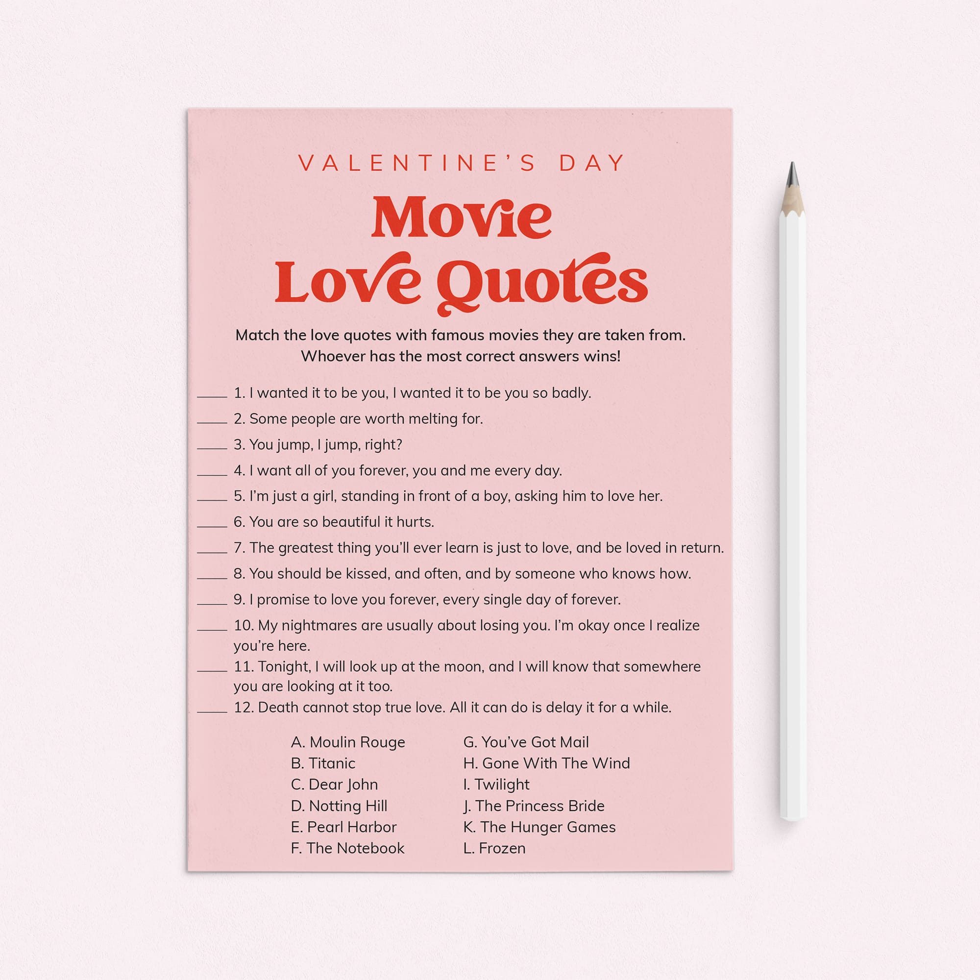 Valentine's Day Movie Love Quotes Game Printable by LittleSizzle