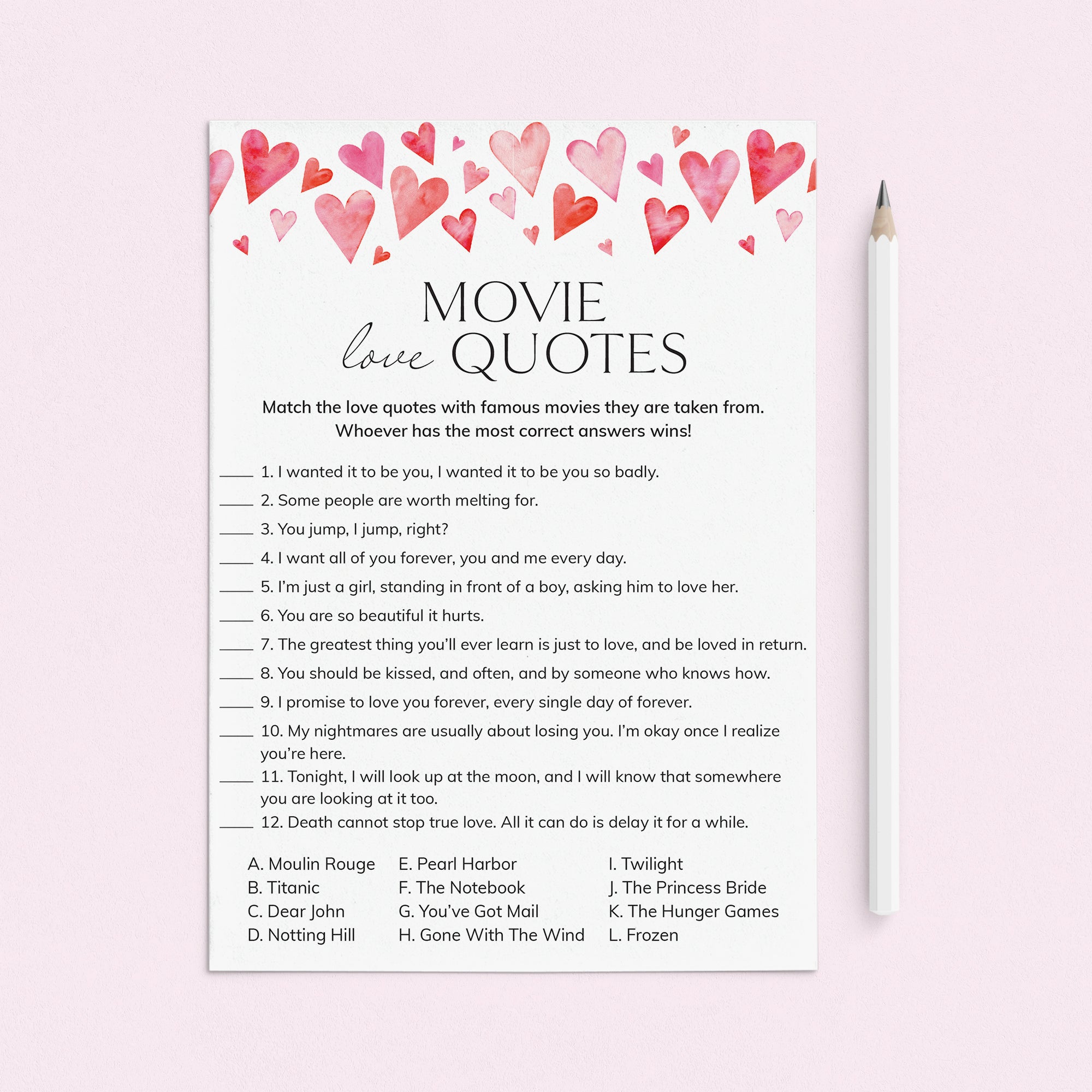 Movie Love Quotes Game Printable Watercolor Hearts by LittleSizzle