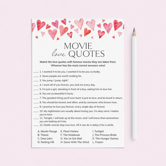 Movie Love Quotes Game Printable Watercolor Hearts by LittleSizzle