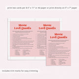 Movie Love Quotes Game for Bridal Shower Printable Pink and Red