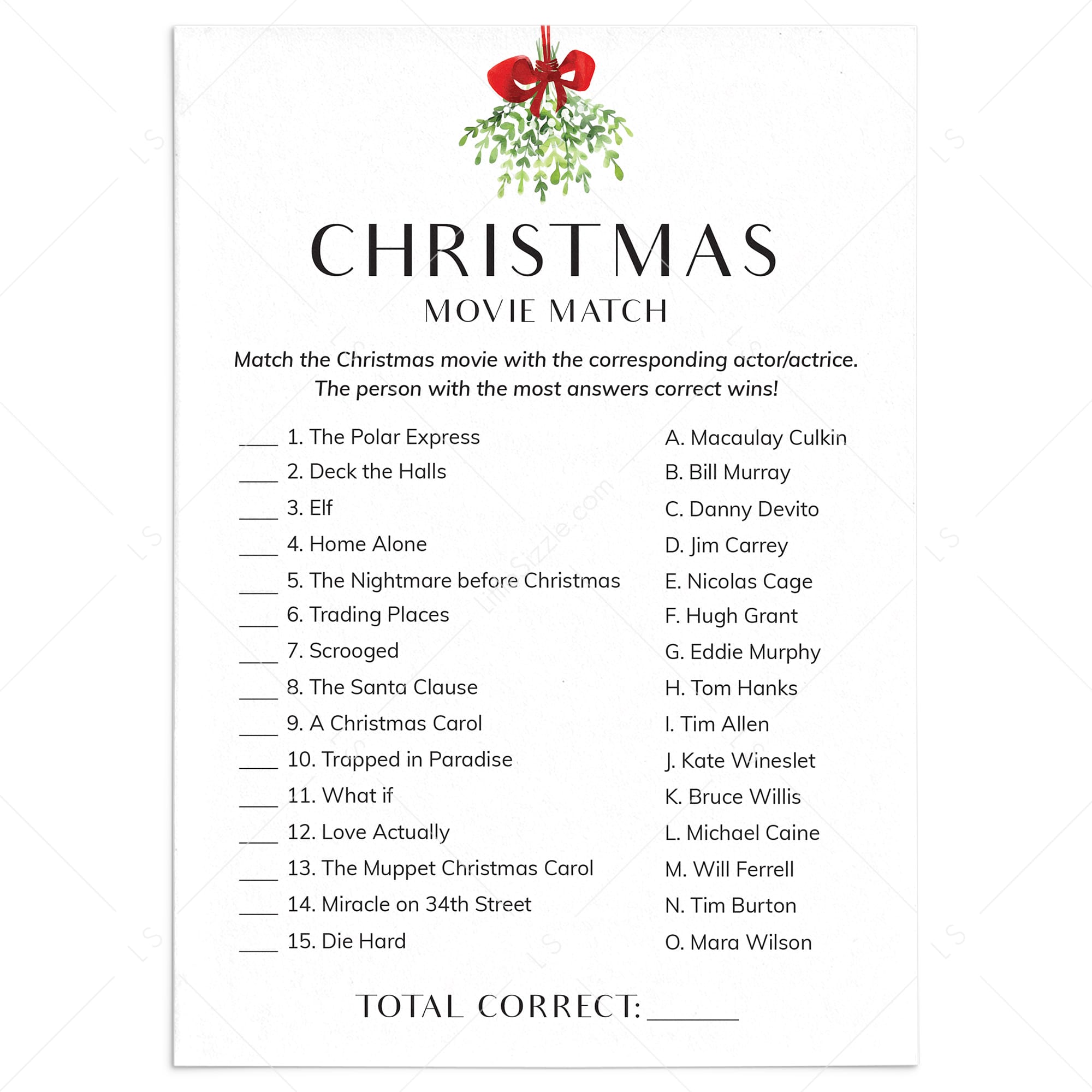 Printable Christmas Movie Match with Answers by LittleSizzle