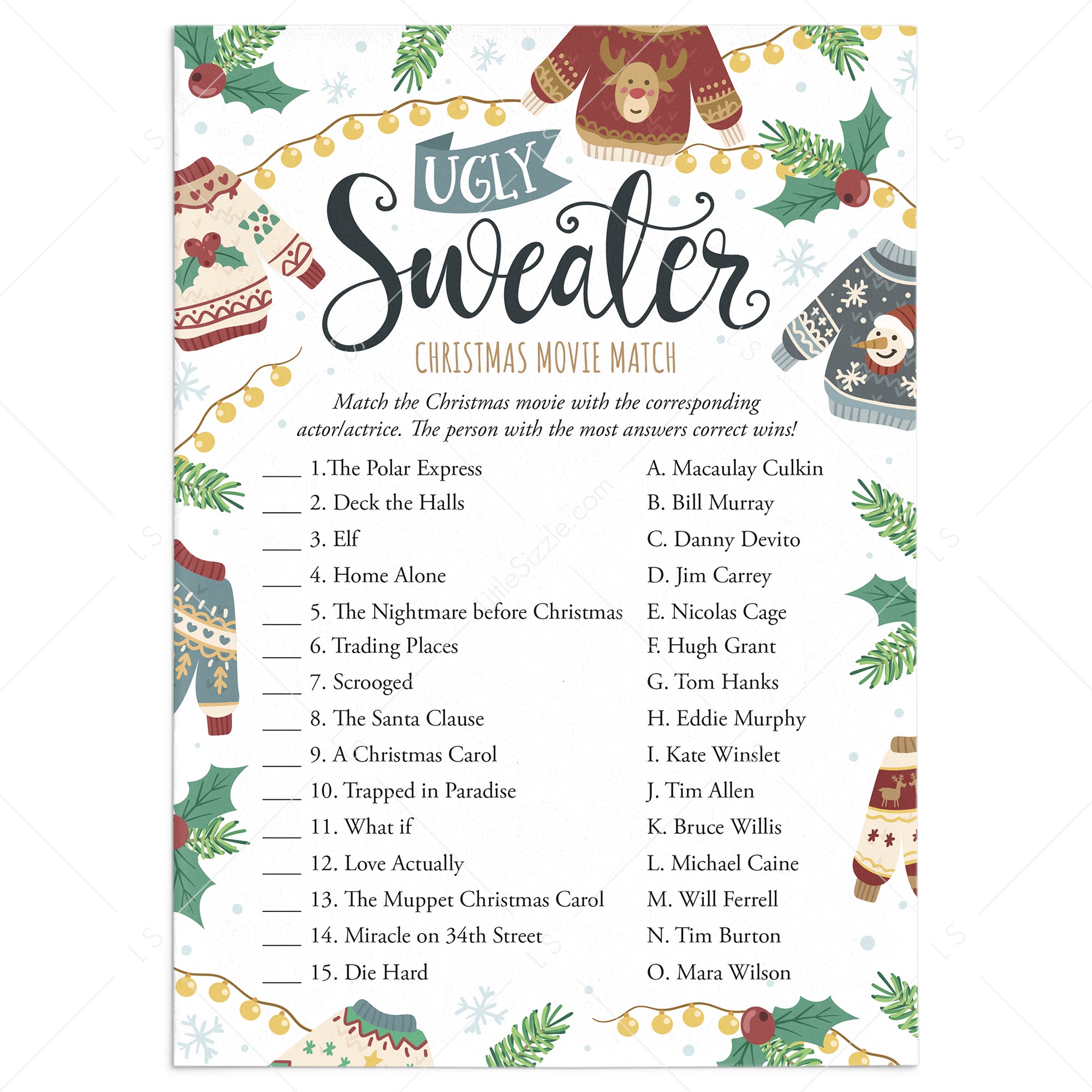 Printable Ugly Sweater Party Game Christmas Movie Match with Answer Key by LittleSizzle
