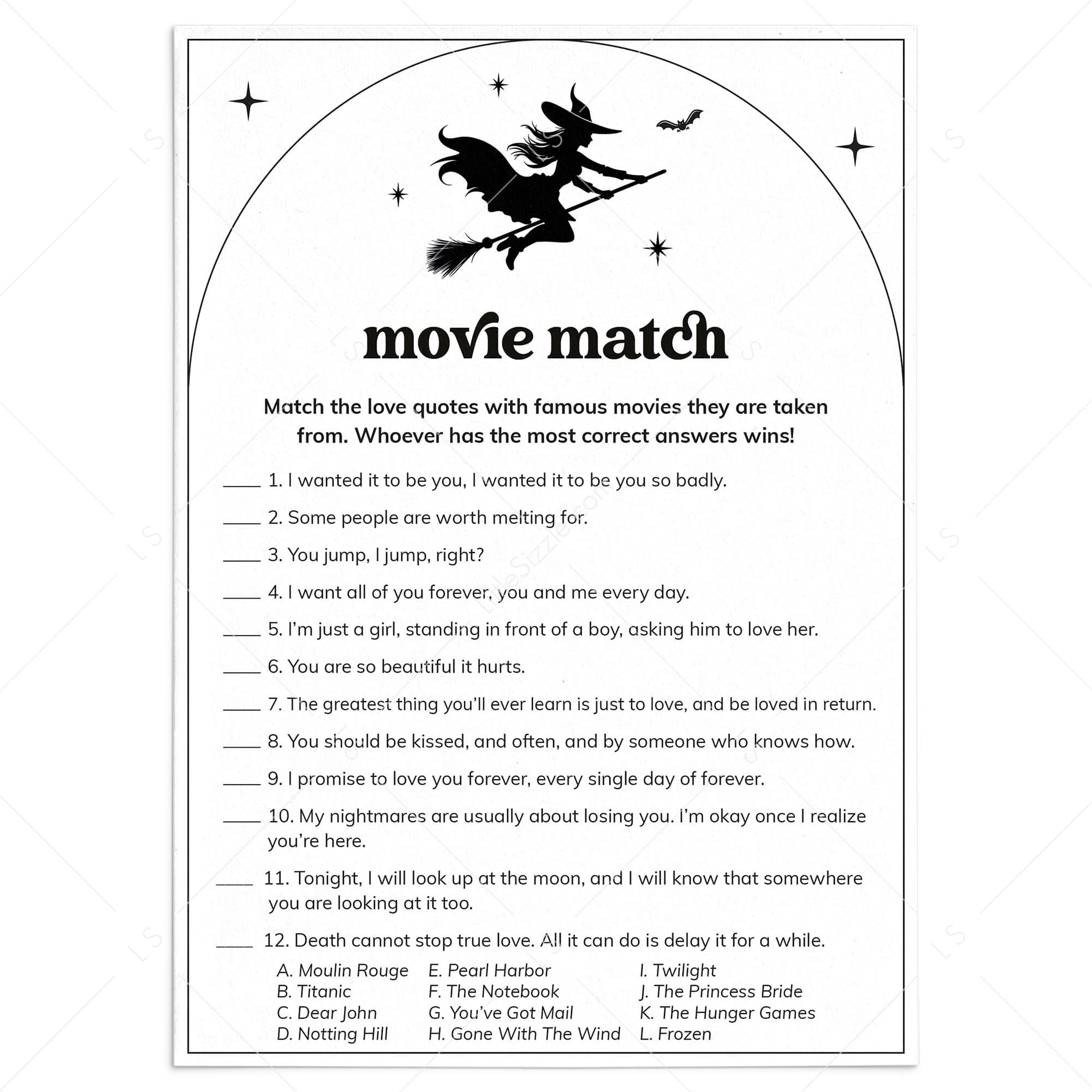 Witchy Bridal Shower Game Movie Match Up Printable by LittleSizzle