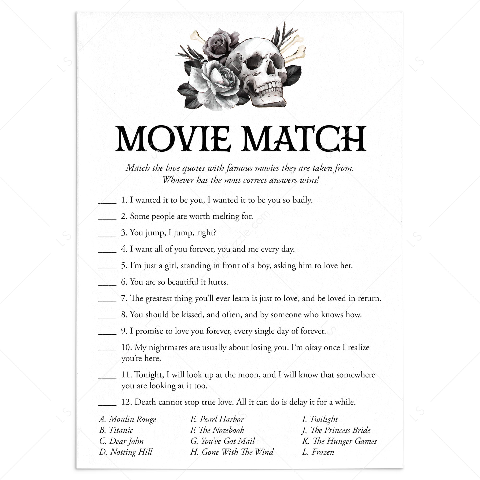 Bride or Die Theme Party Game Romantic Movie Match with Answers by LittleSizzle