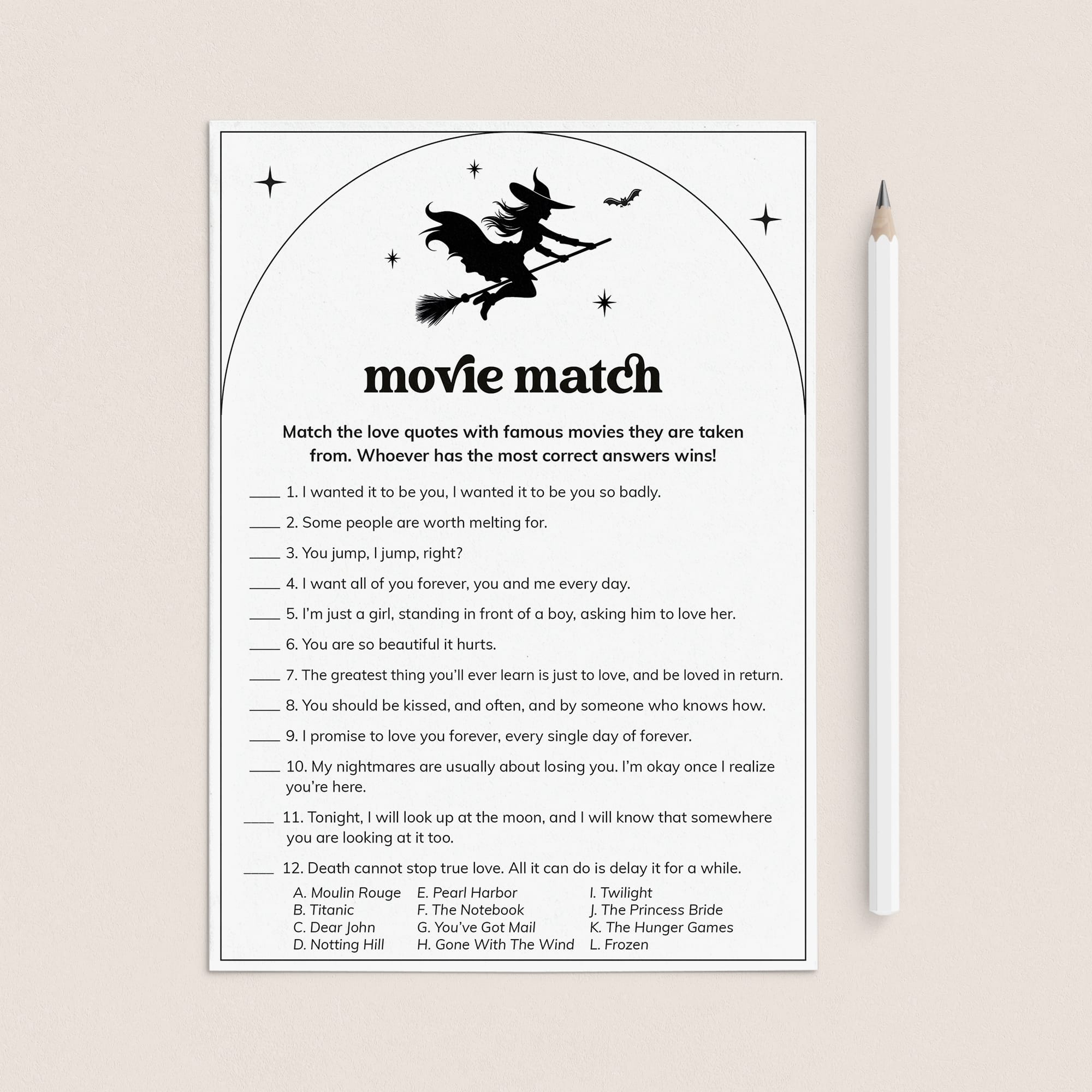 Witchy Bridal Shower Game Movie Match Up Printable by LittleSizzle
