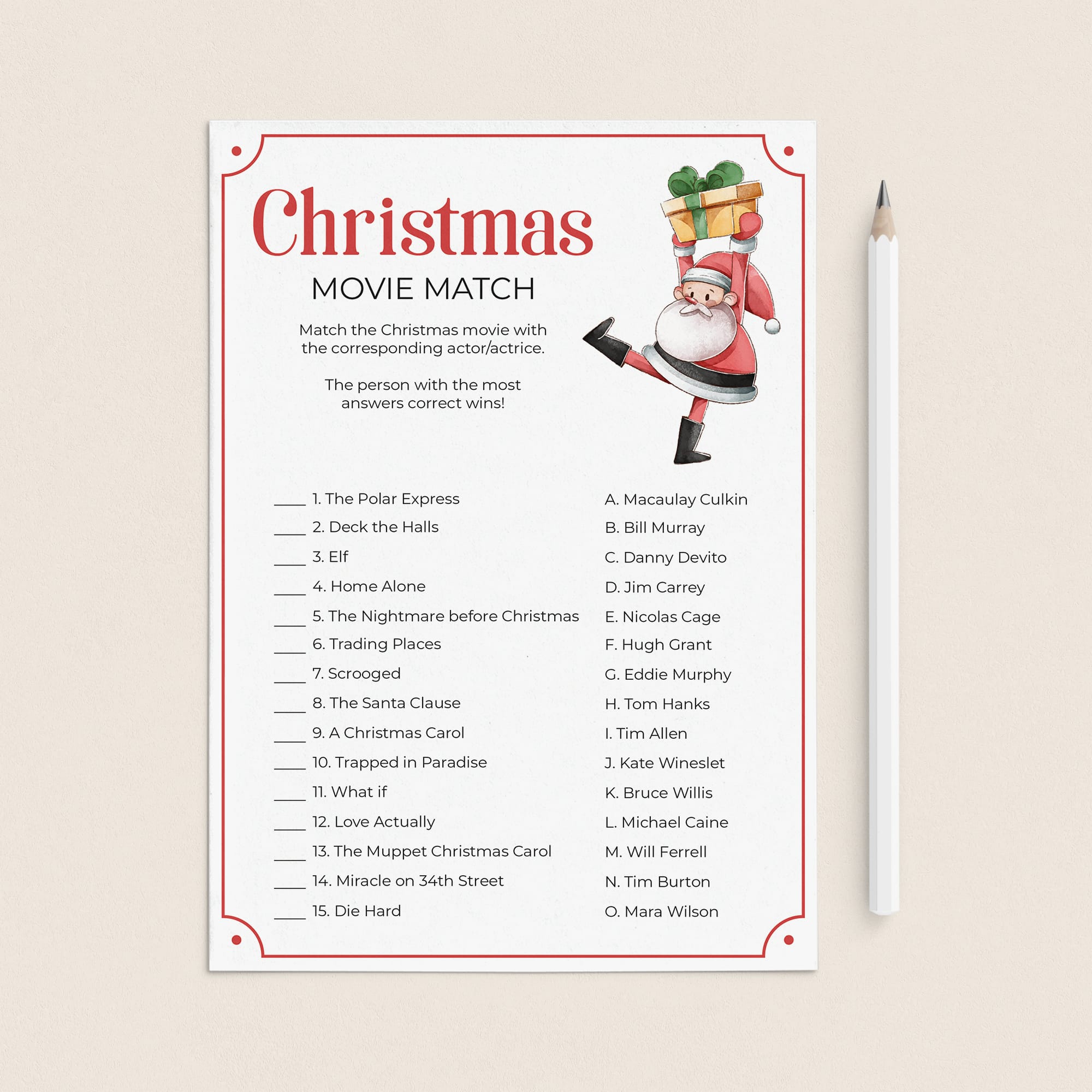Christmas Movie Matching Game Printable | Answers Included | Digital ...