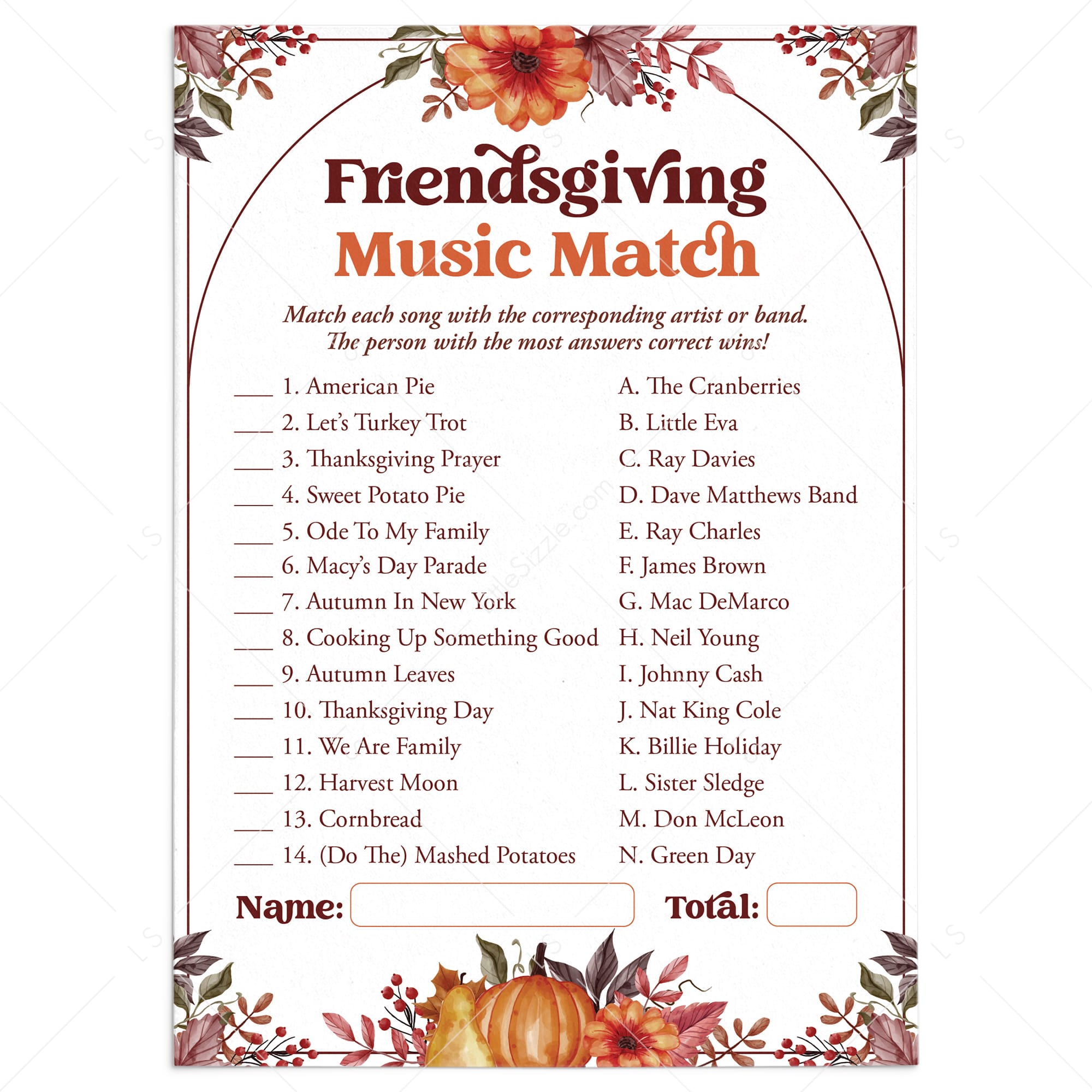 Fun Friendsgiving Game for Adults Printable Music Match with Answers by LittleSizzle