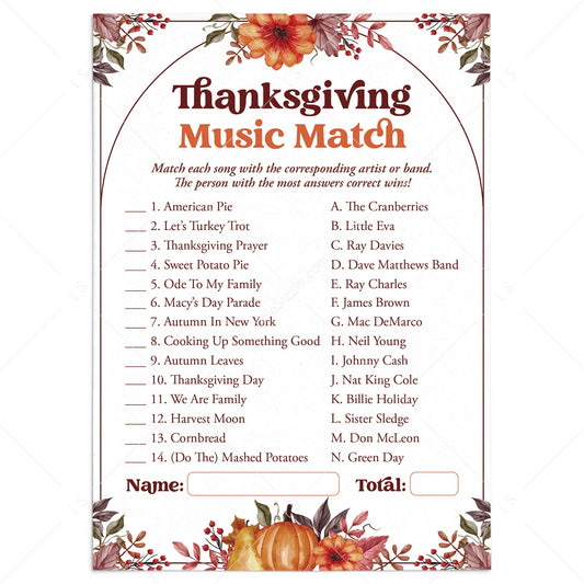 Thanksgiving Song Match Game with Answers Printable by LittleSizzle