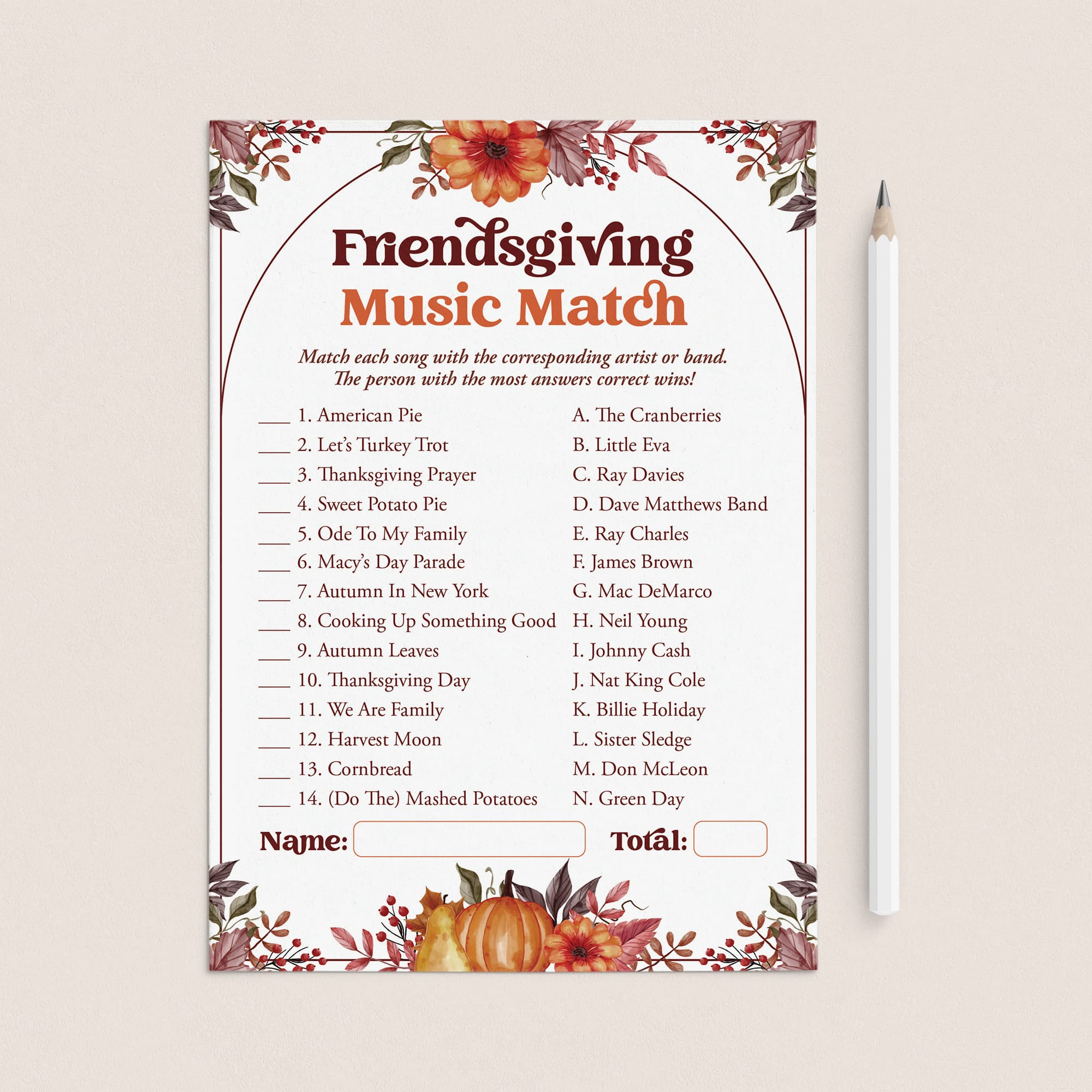 Fun Friendsgiving Game for Adults Printable Music Match with Answers by LittleSizzle
