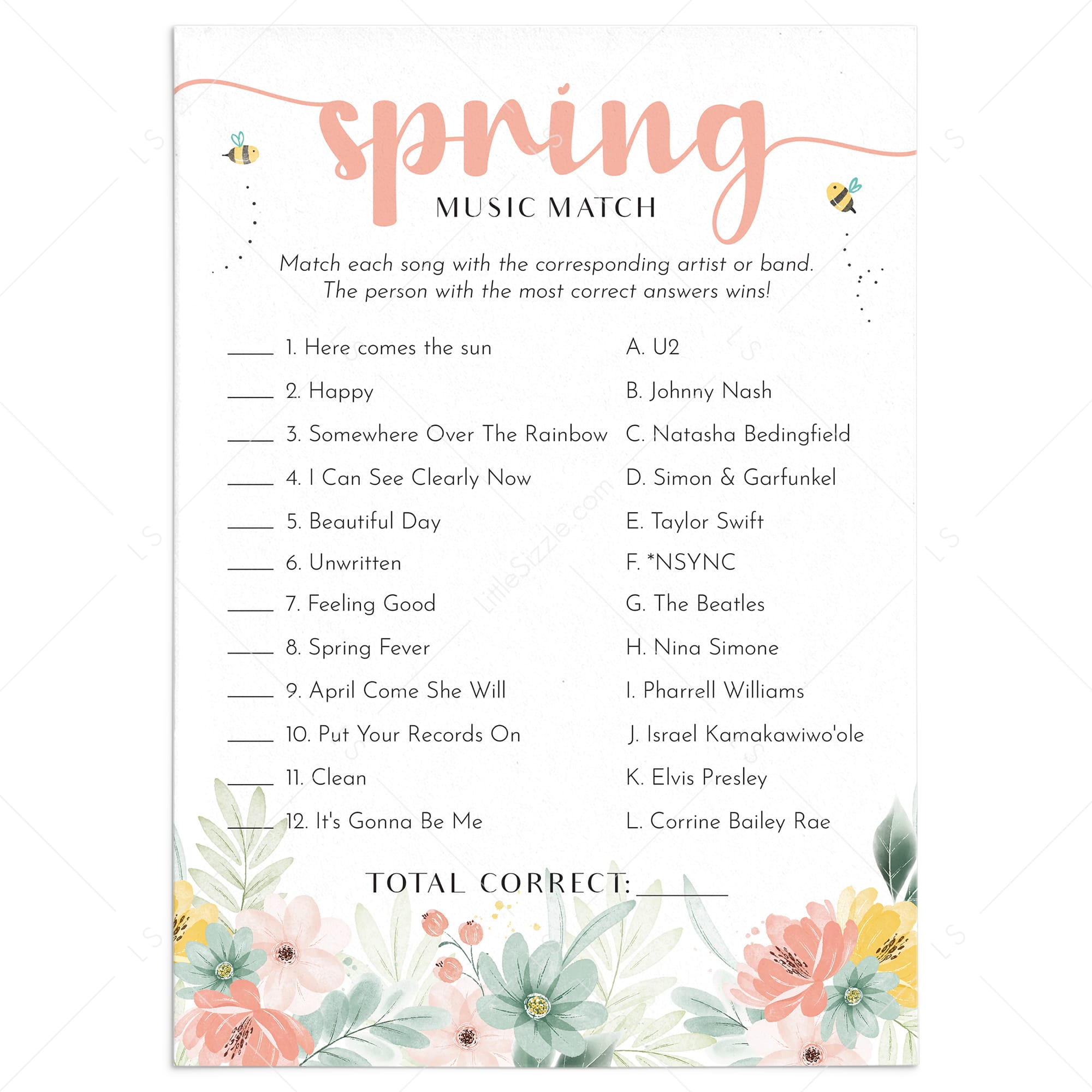 Spring Music Match with Answer Key Printable by LittleSizzle