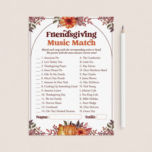 Fun Friendsgiving Game for Adults Printable Music Match with Answers by LittleSizzle